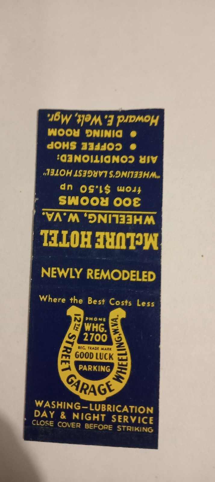 Mclure Hotel Wheeling West Virginia Bobtail Matchcover Lot 1069 No Tariff Fee