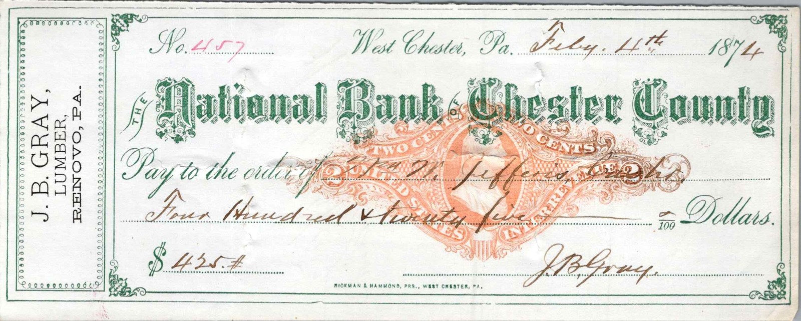 1874 J.B. Gray Lumber Check Pa. Natl Bank Chester Co. $425 Jefferson Stamp