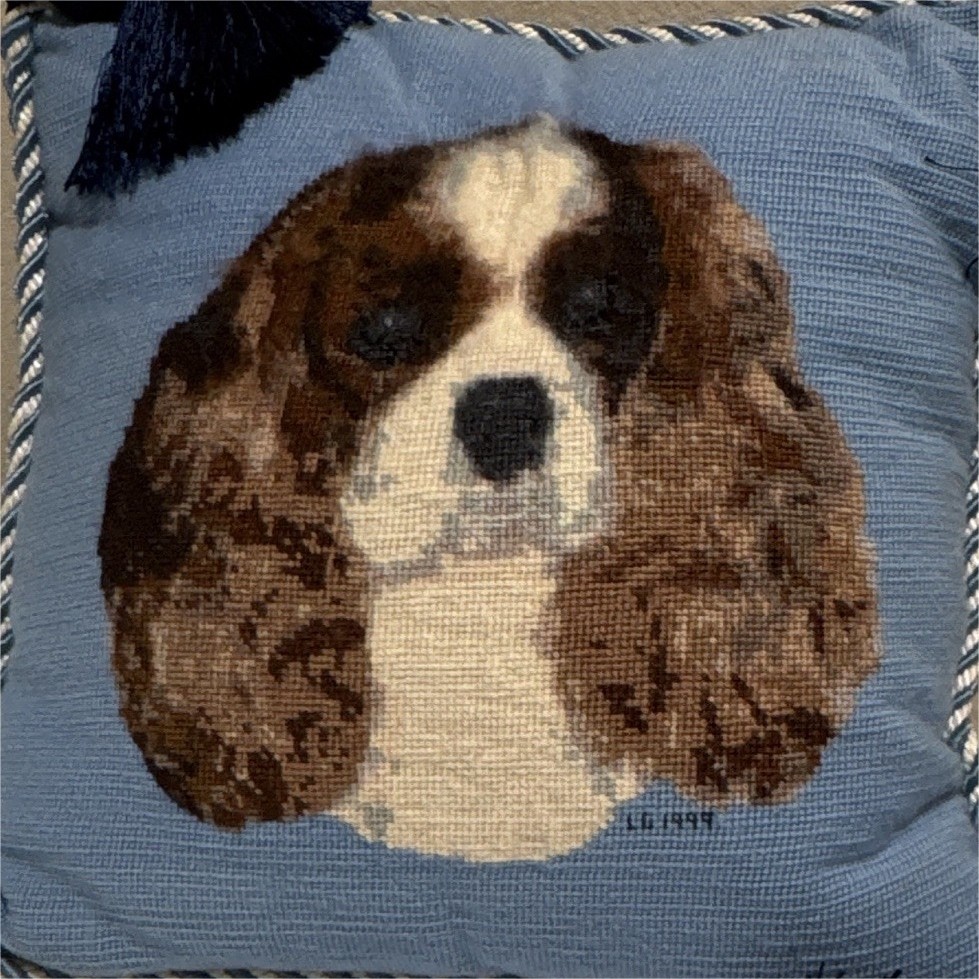 Cavalier King Charles Spaniel Needlepoint Style Throw Pillow Tassels