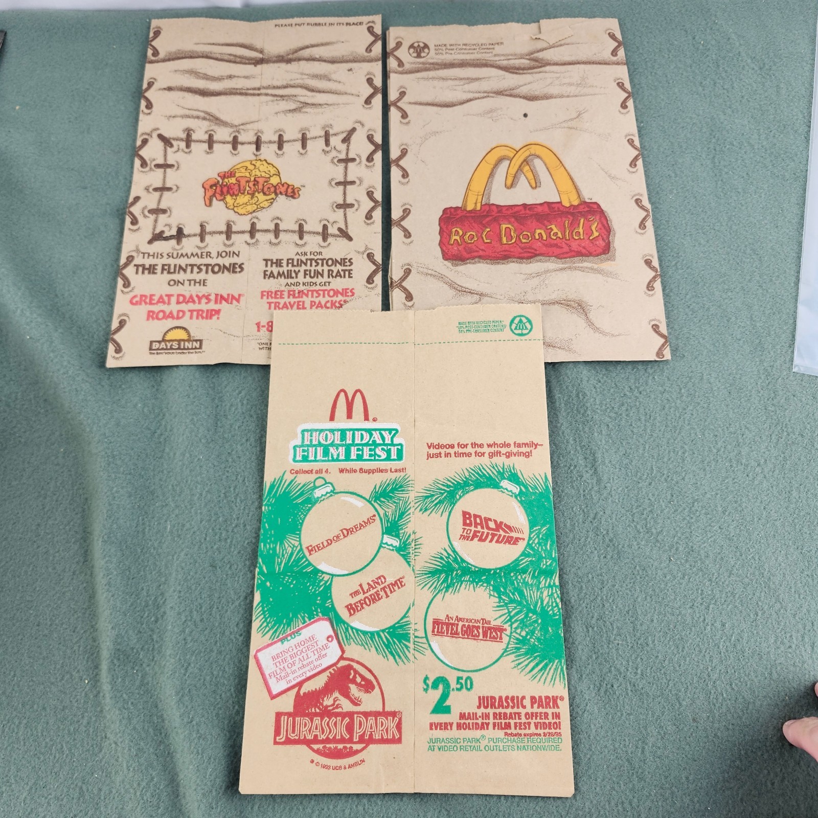 3x McDonald\'s 1994 Paper Take Out Bag Vintage Flintstones Holiday Movies