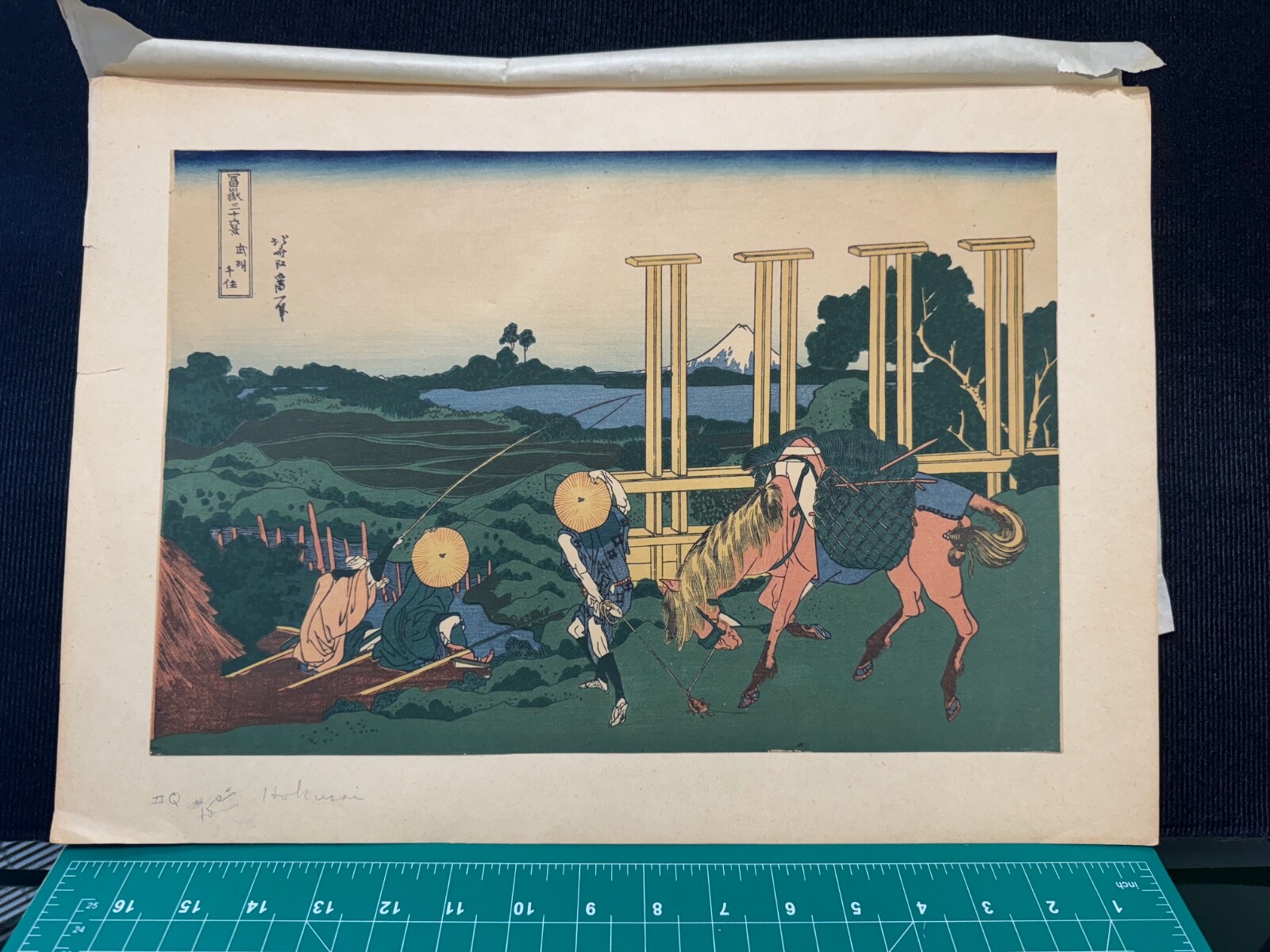 Antique Hokusai Woodblock Senju from Fugaku Sanjurokkei Senju Musachi Province