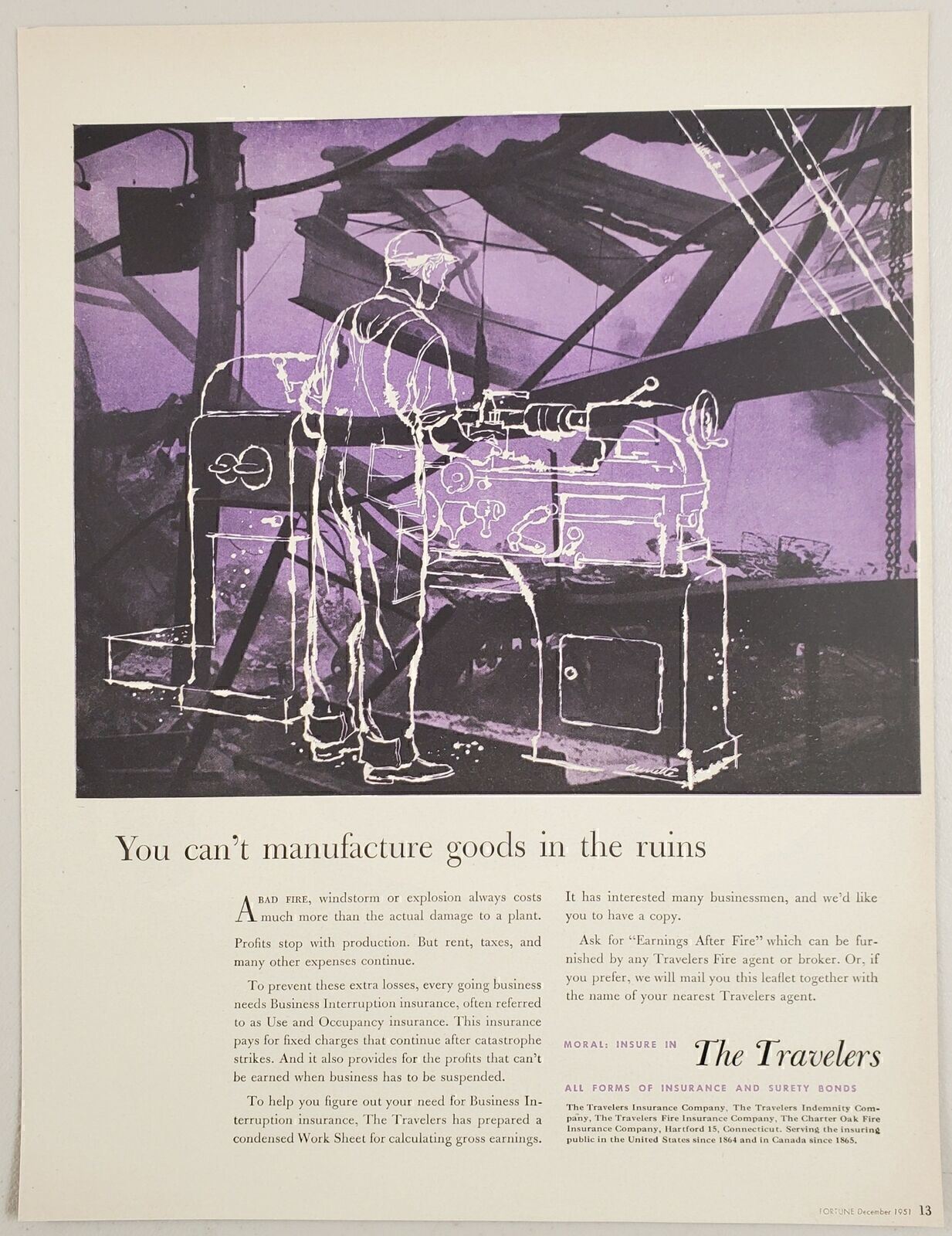 1951 Print Ad The Travelers Insurance Machinist at Work in Plant Disaster