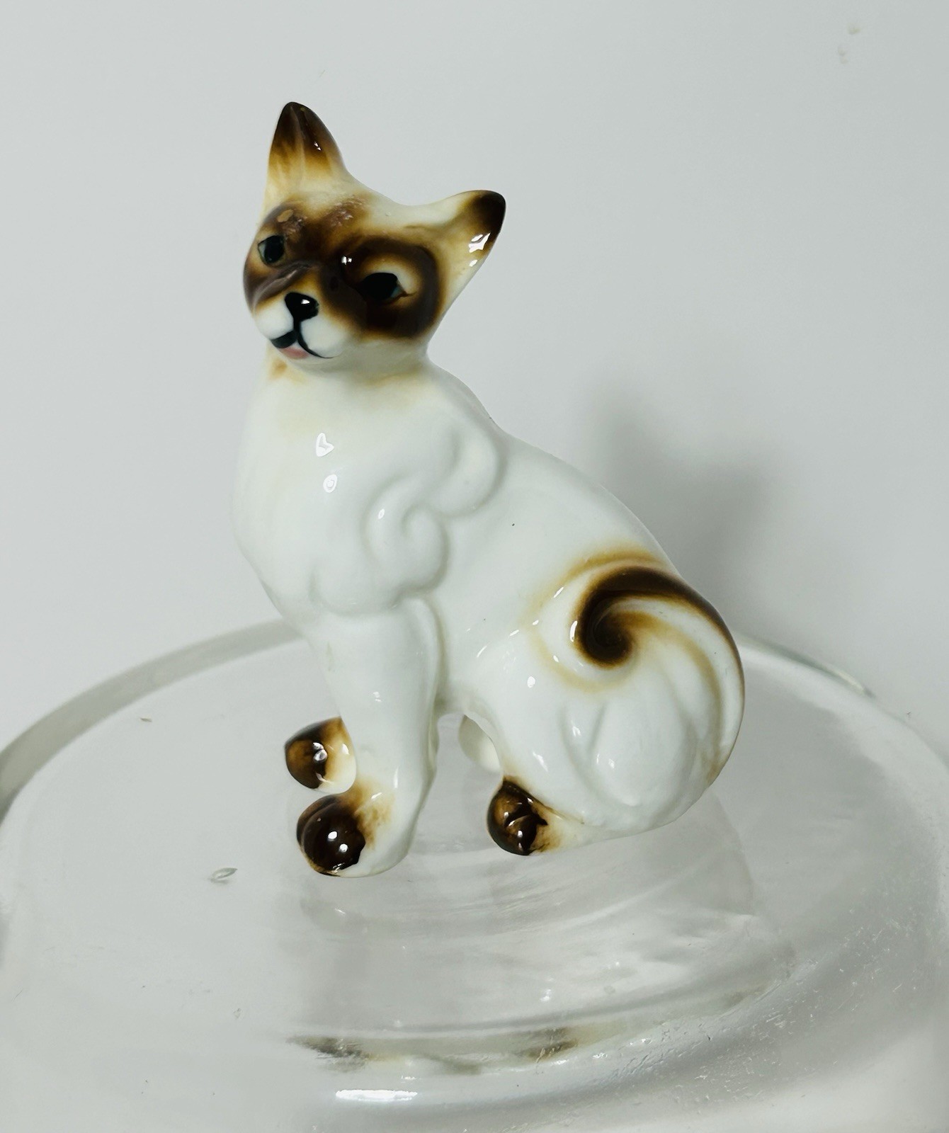 Vintage Porcelain Cat Figurine - 3” Tall Free Standing Sitting Siamese Cat