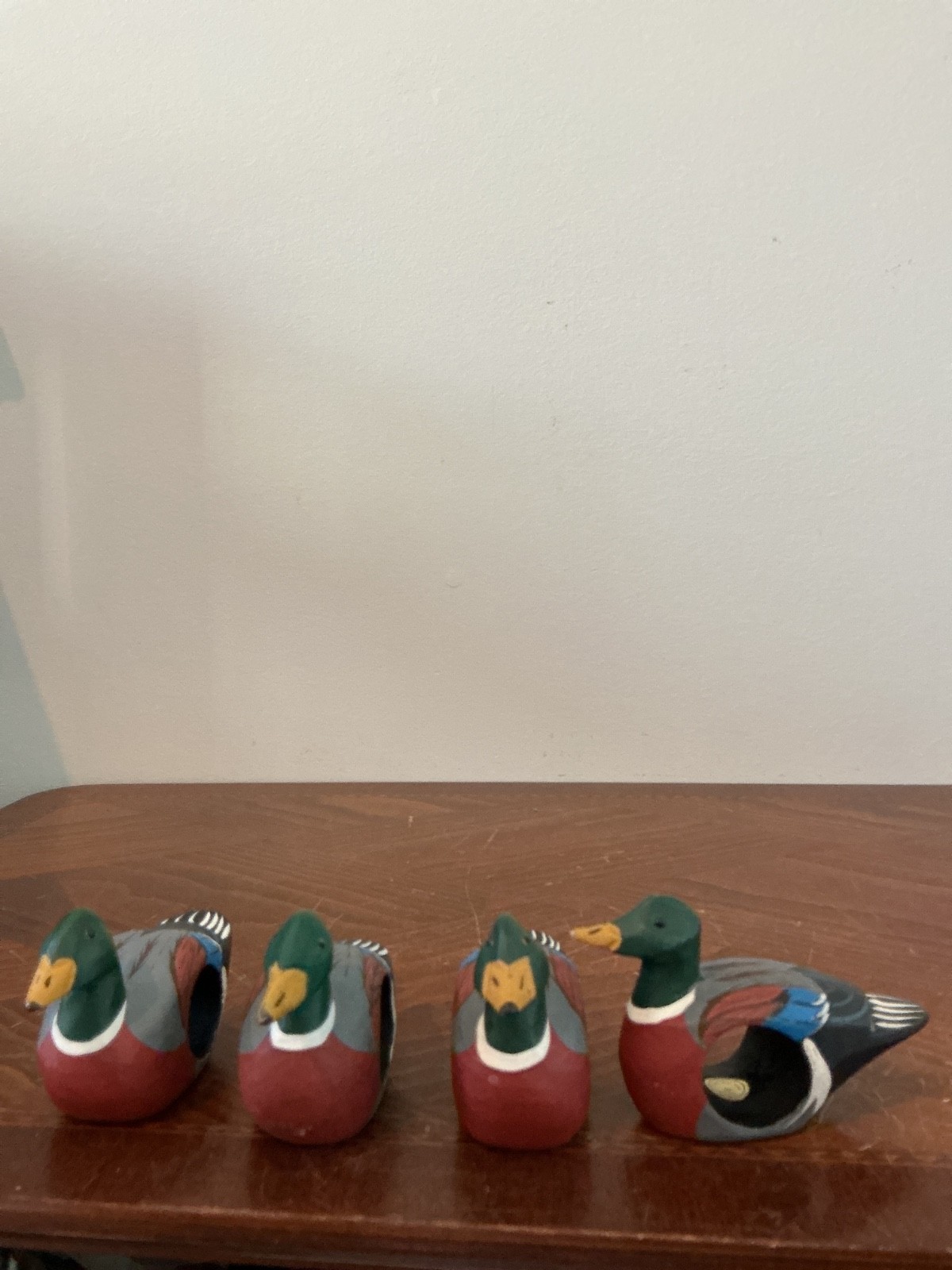 4-vintage, hand-painted wooden mallard duck napkin rings