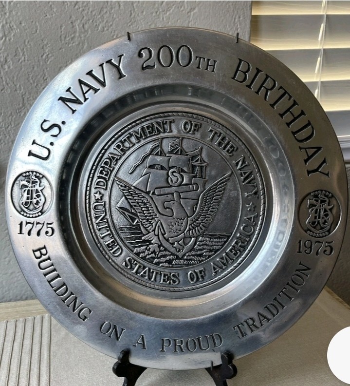 12ʺ US Navy 200th Birthday Large Metal Pewter Plate 1775-1975 Wilton Columbia US