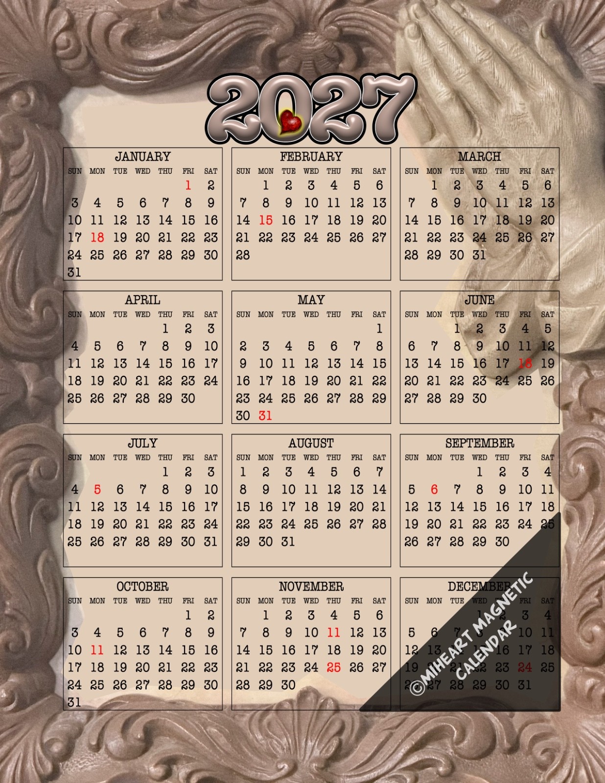 MiHeart 2027 Year Magnetic Refrigerator Calendar 8.5\ MiHeart 2027 Year Magnetic Refrigerator Calendar 8.5\