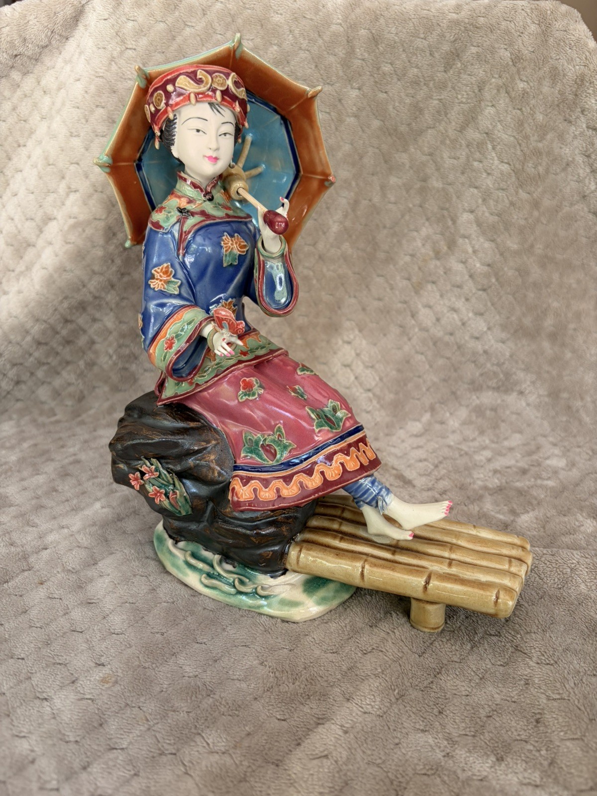 Vintage Chinese Shiwan Ware Ceramic Figurine of Lady with Umbrella Bamboo Raft Vintage Chinese Shiwan Ware Ceramic Figurine of Lady with Umbrella Bamboo Raft