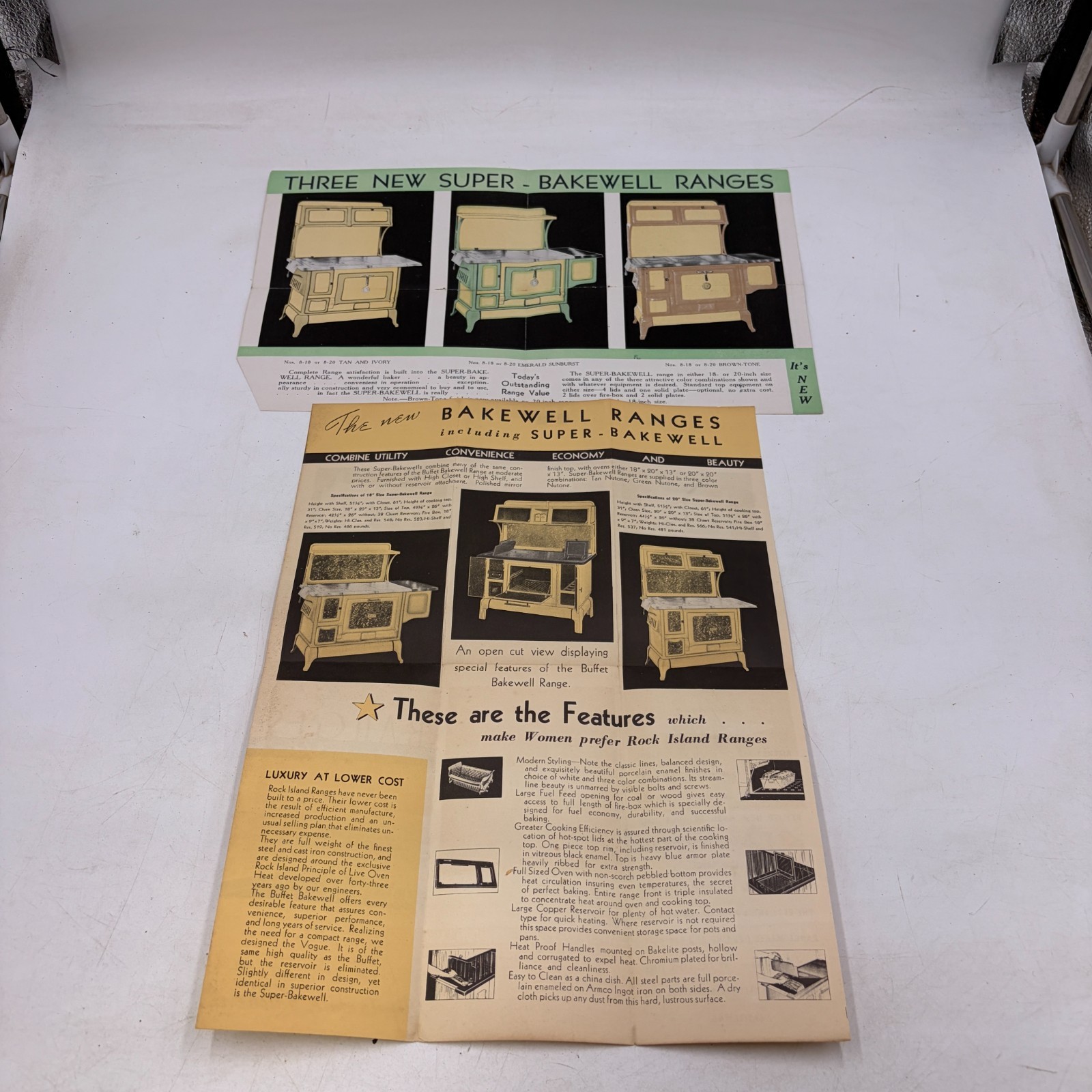 Lot of 2 Vintage Rock Island Stove Co Bakewell Range Sales Brochures Art Deco