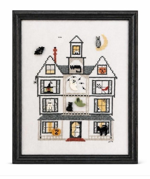 Signed 1991 Vintage Halloween Haunted House Counted Cross Stitch Framed Button