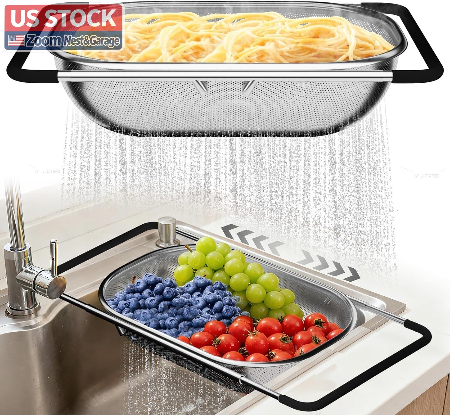 US Stock Over Sink Colander Expandable Fine Mesh 9.5-21.3