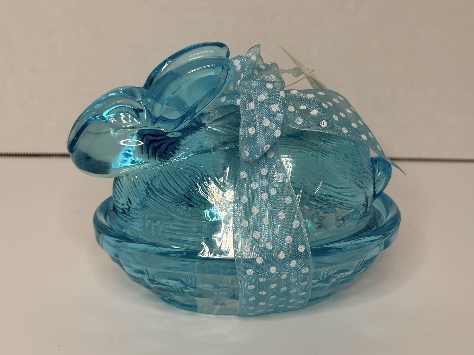 Aqua Blue Bunny Rabbit Candy Dish With Bunny Sitting On Basket
