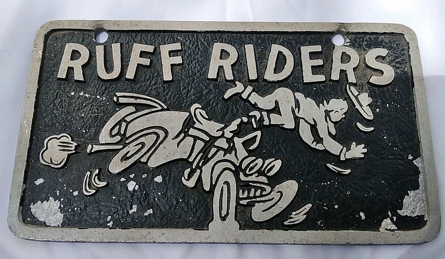 Vtg. Original Ruff Riders Hot Rod Car Club License Plate Bumper Dragger Plaque