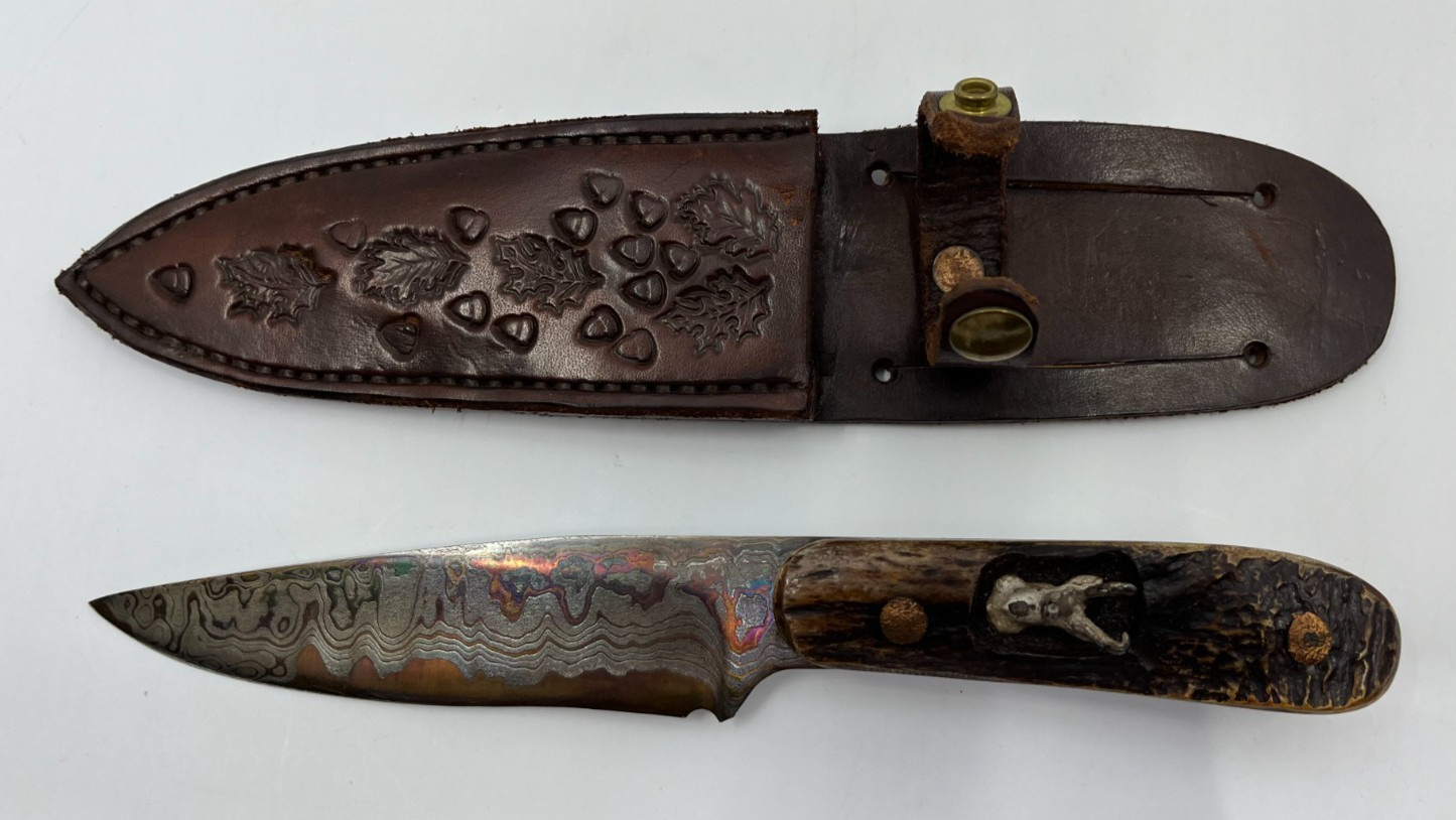 Handmade Copper Damascus Fixed Blade Hunting Knife Stag Handle Leather Sheath 9\