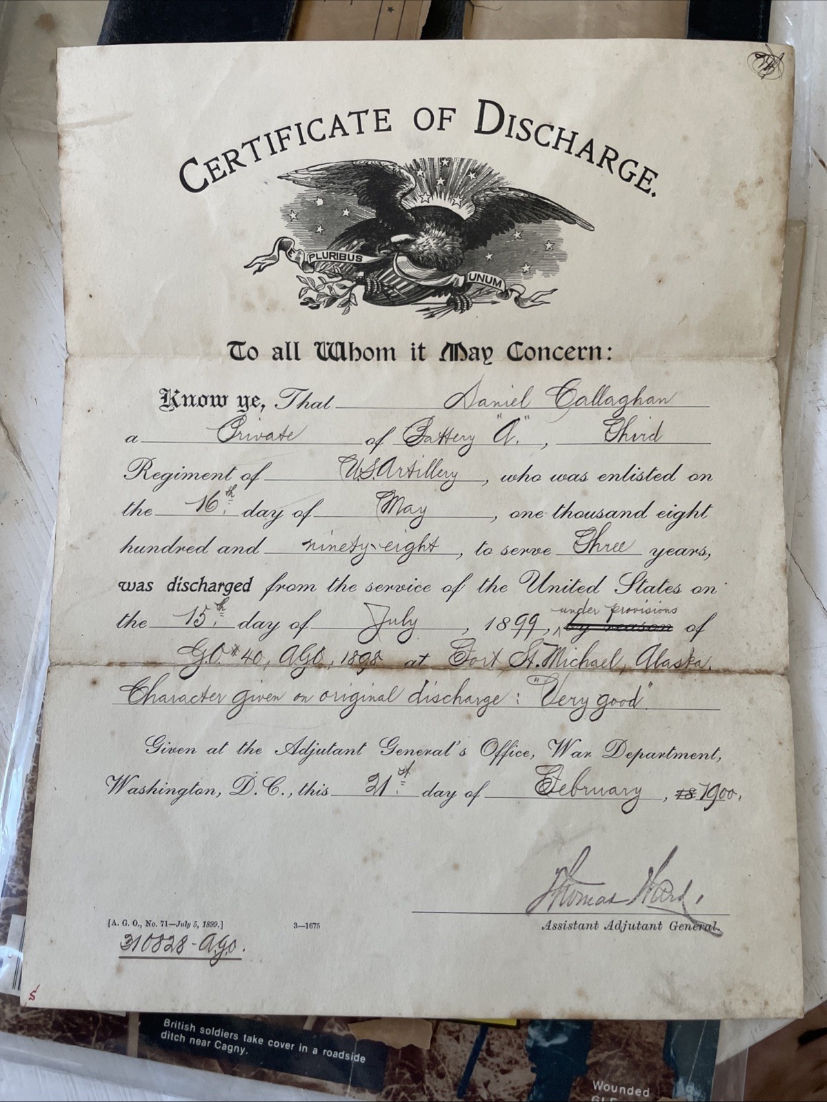 Spanish American War 1899 US Discharge Papers Honorable Discharge Leather Sheath