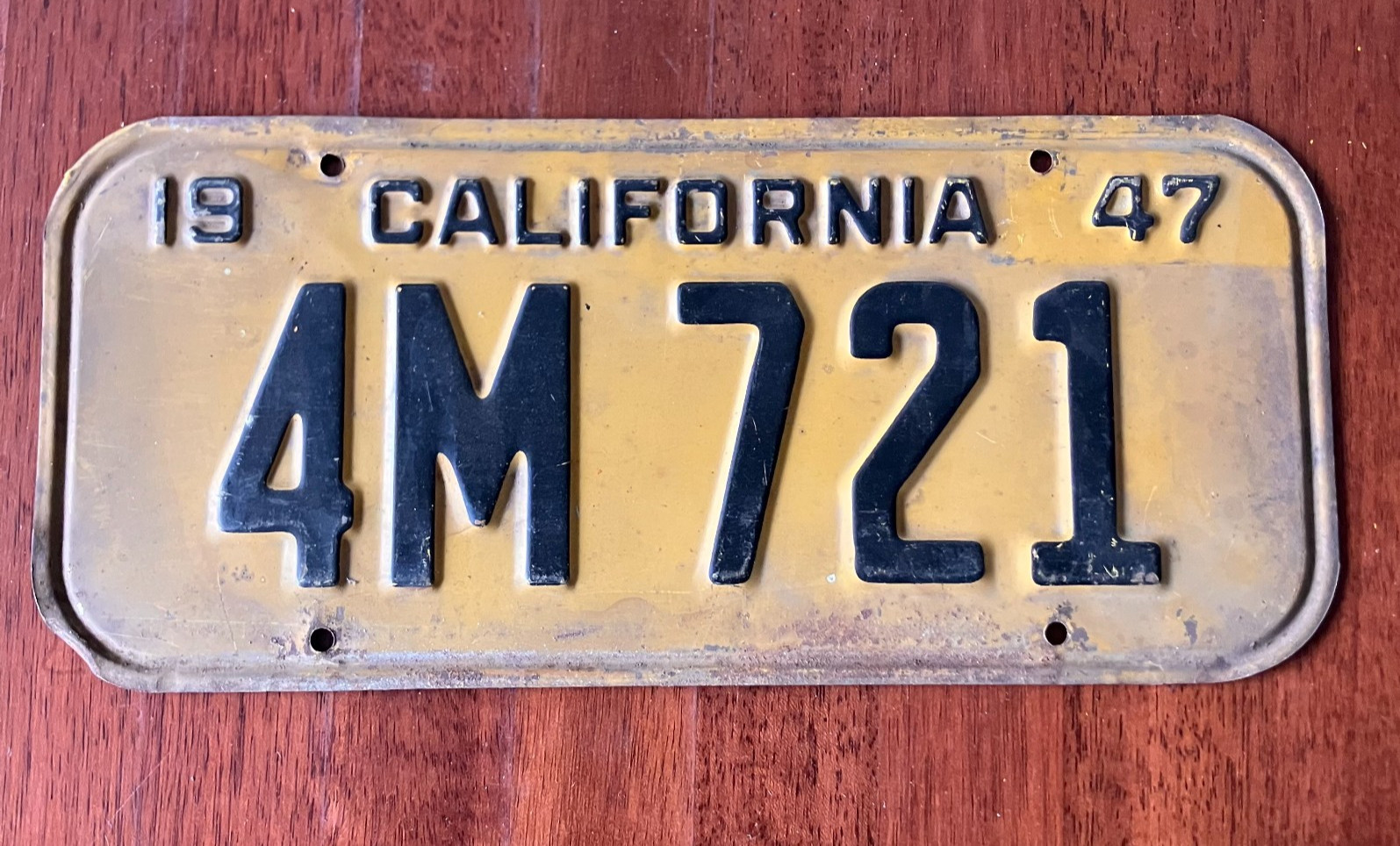 Vintage 1947 Yellow California License Plate 4M 721 RARE FIND Vintage 1947 Yellow California License Plate 4M 721 RARE FIND