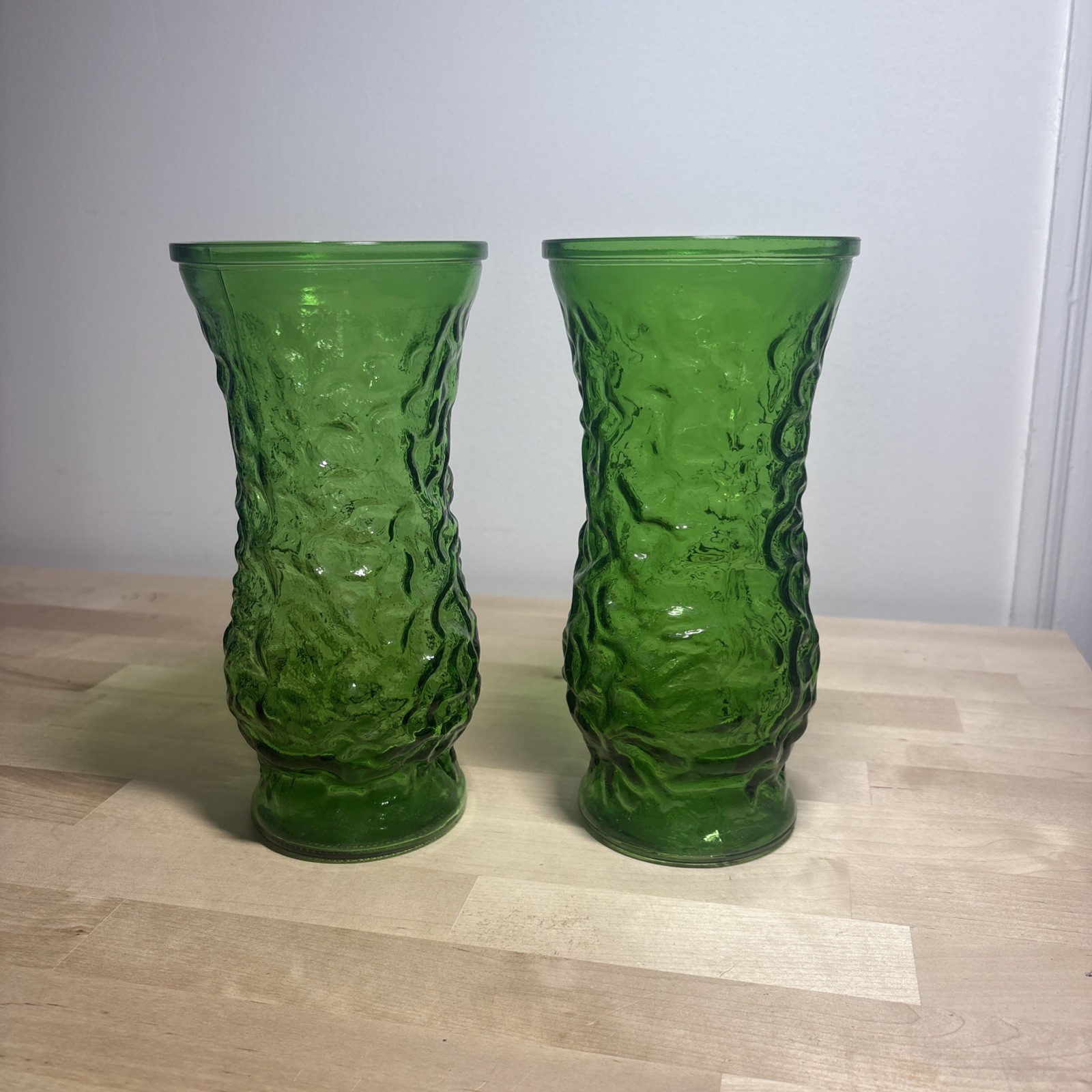 Vintage 1950s MCM Emerald Green Hoosier Crinkle Glass Vase Pair