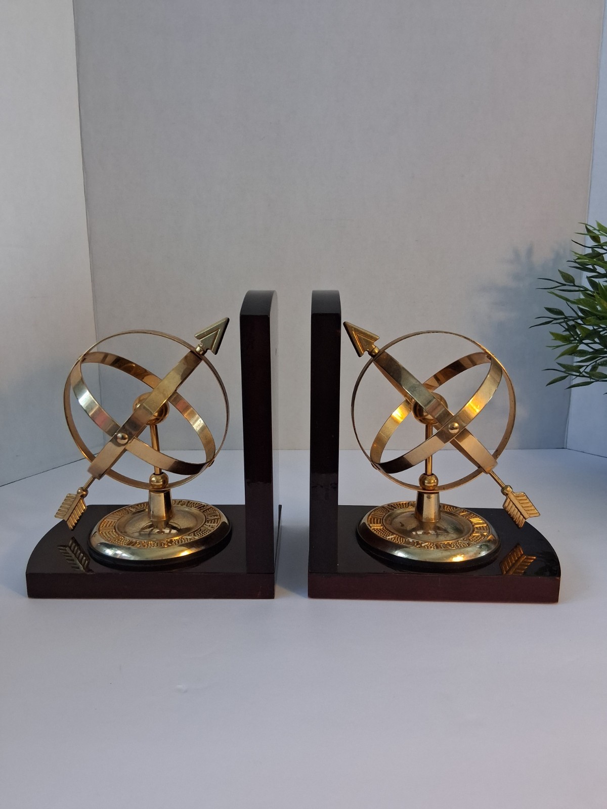 VTG Brass Armillary Sphere Bookends; Mahogany Wood Base;Sundial; ROC Taiwan MCM