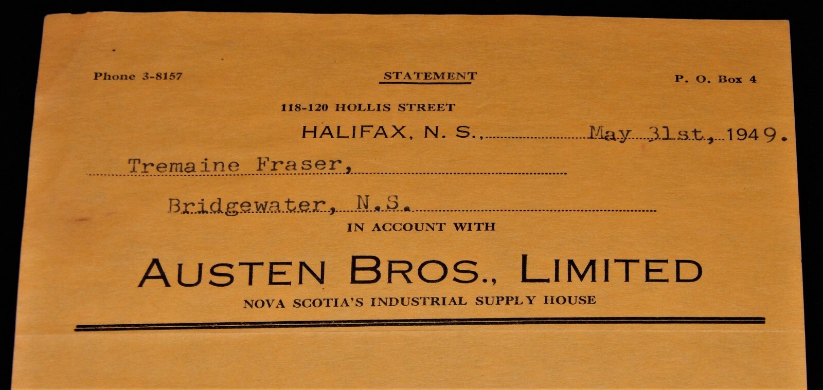 Vintage Receipt, HALIFAX, NS, CANADA, 1949, Austen Bros. Ltd Machinery & Supply