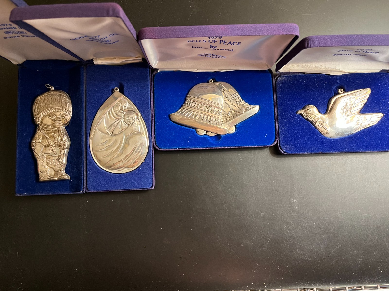 Gorham Luther Bookout Sterling Ornament Set 1976-1979 Matching #7256 with boxes