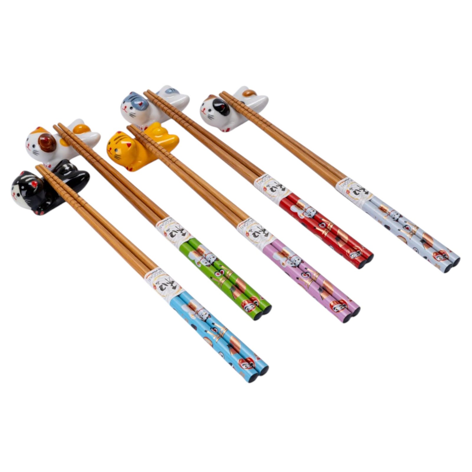 5 Pair Japanese Asian Bamboo Chopsticks Set with Ceramic Neko Cats Rest 5 Pairs