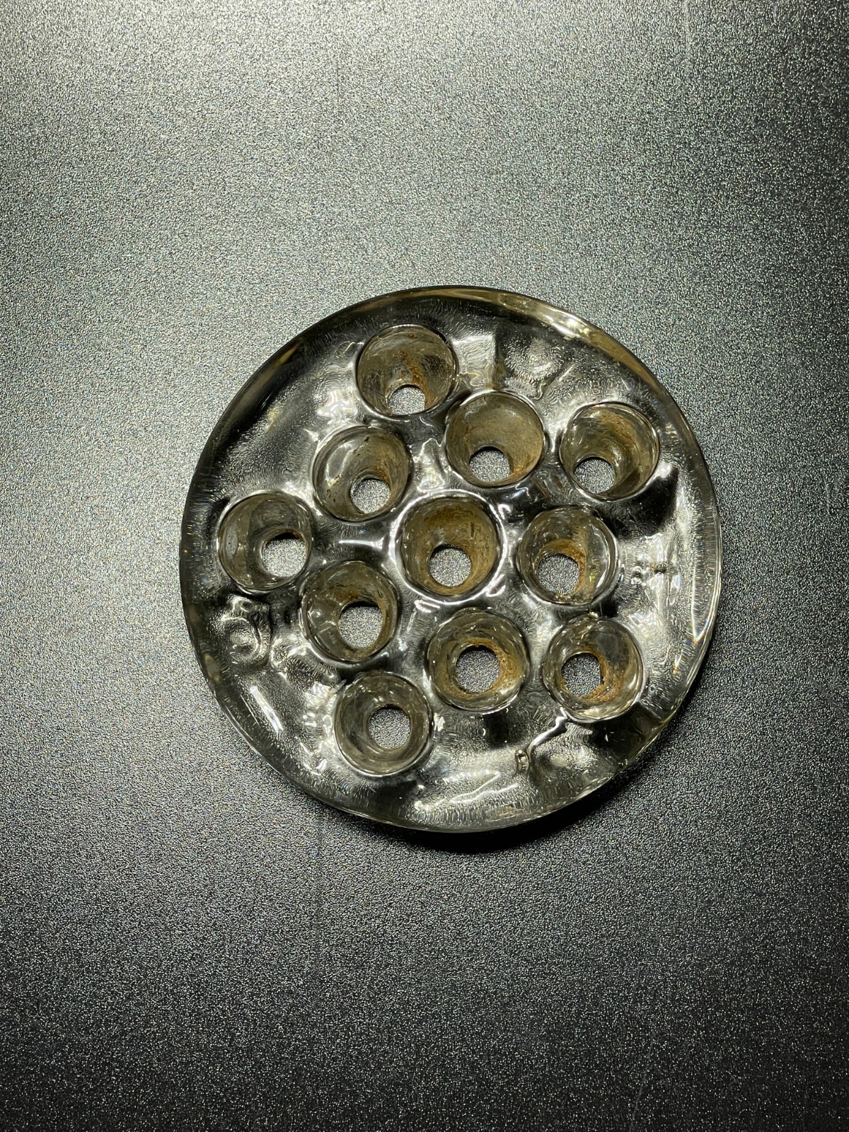 Round Clear Glass Flower Frog 11 Hole Floral Arrange Vintage Heavy Pressed Glass