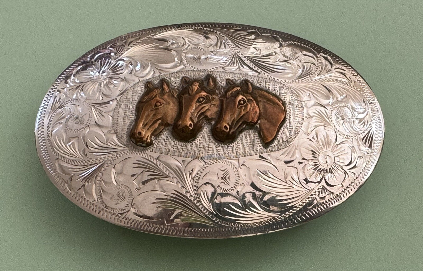 Rare Vintage Signed Fleming Engraved Sterling Silver Triple Horses Belt Buckle