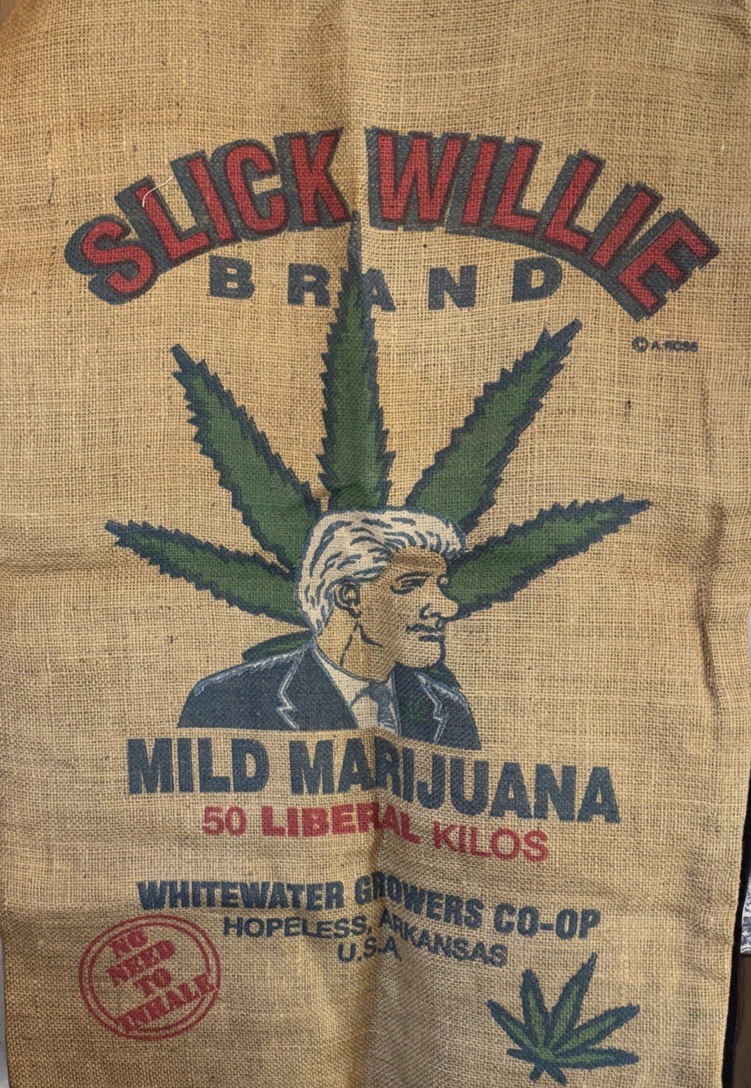 Vintage 90s Burlap Sack President Bill Clinton Slick Willie Marijuana Bag USA