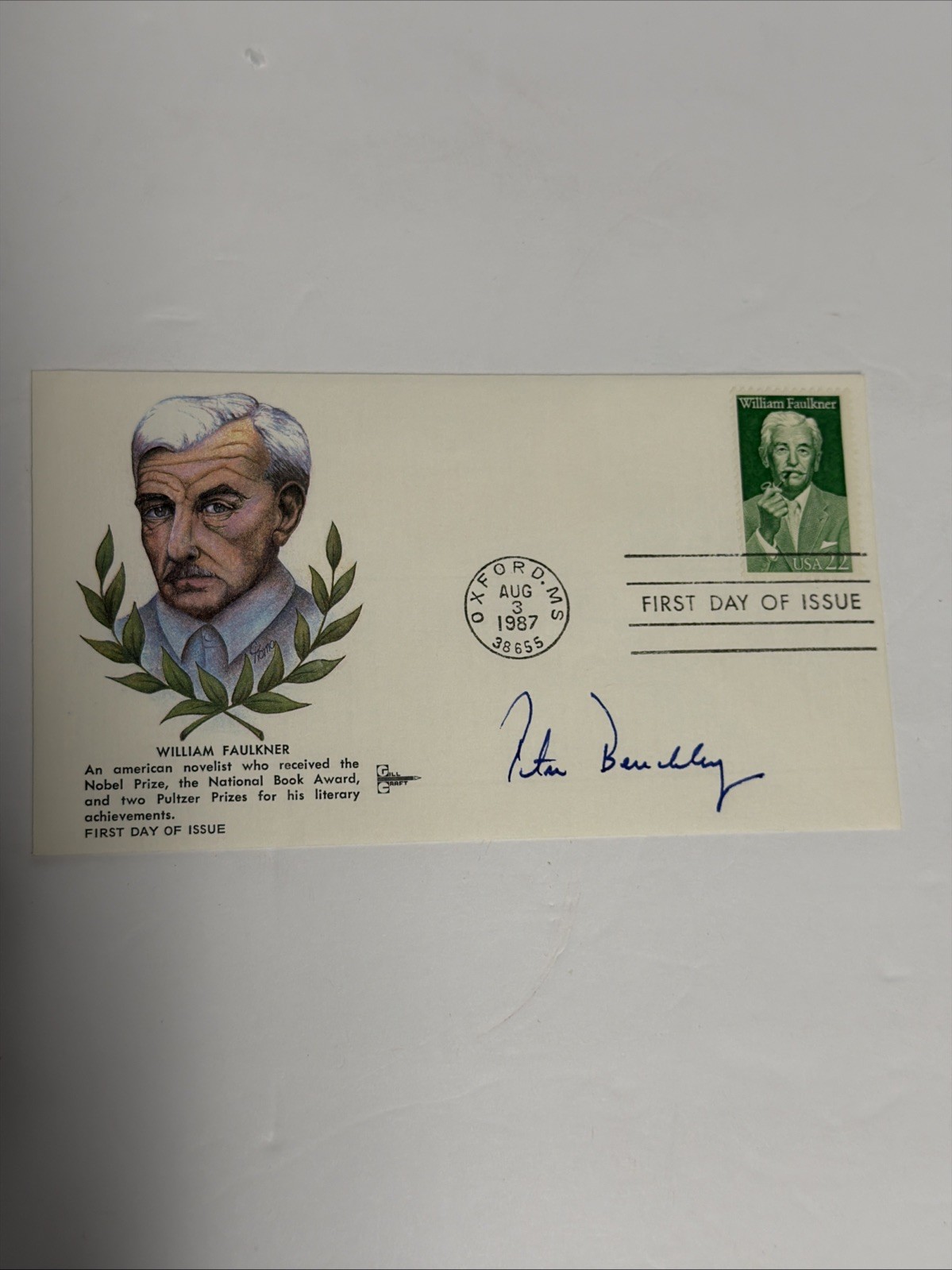 Peter Benchley SIGNED William Faulkner 1987 First Day Of Issue Cover FDC Cachet