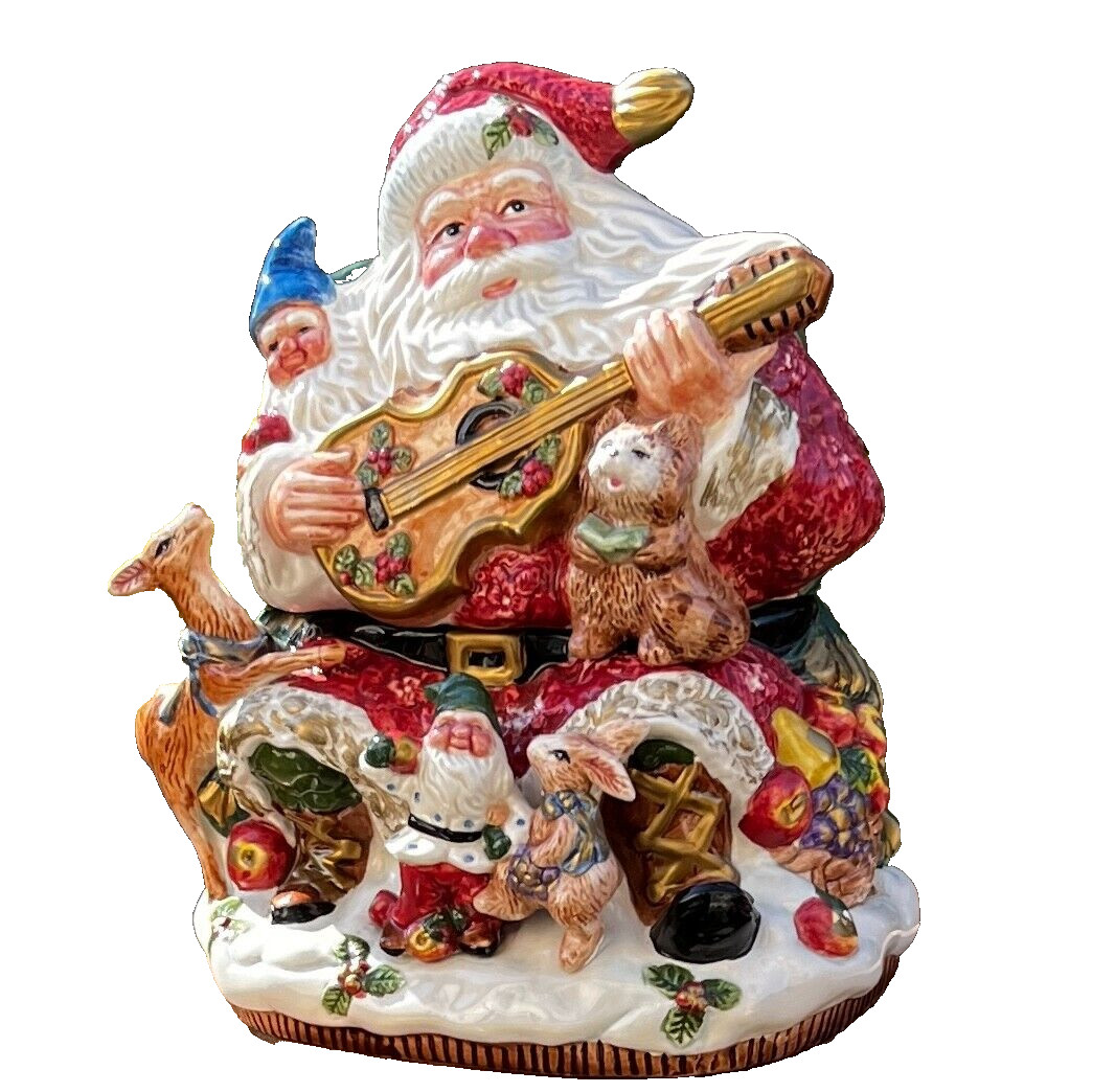 Vtg Fitz & Floyd Omnibus Forest Santa Guitar Cookie Jar Christmas Canister 1996