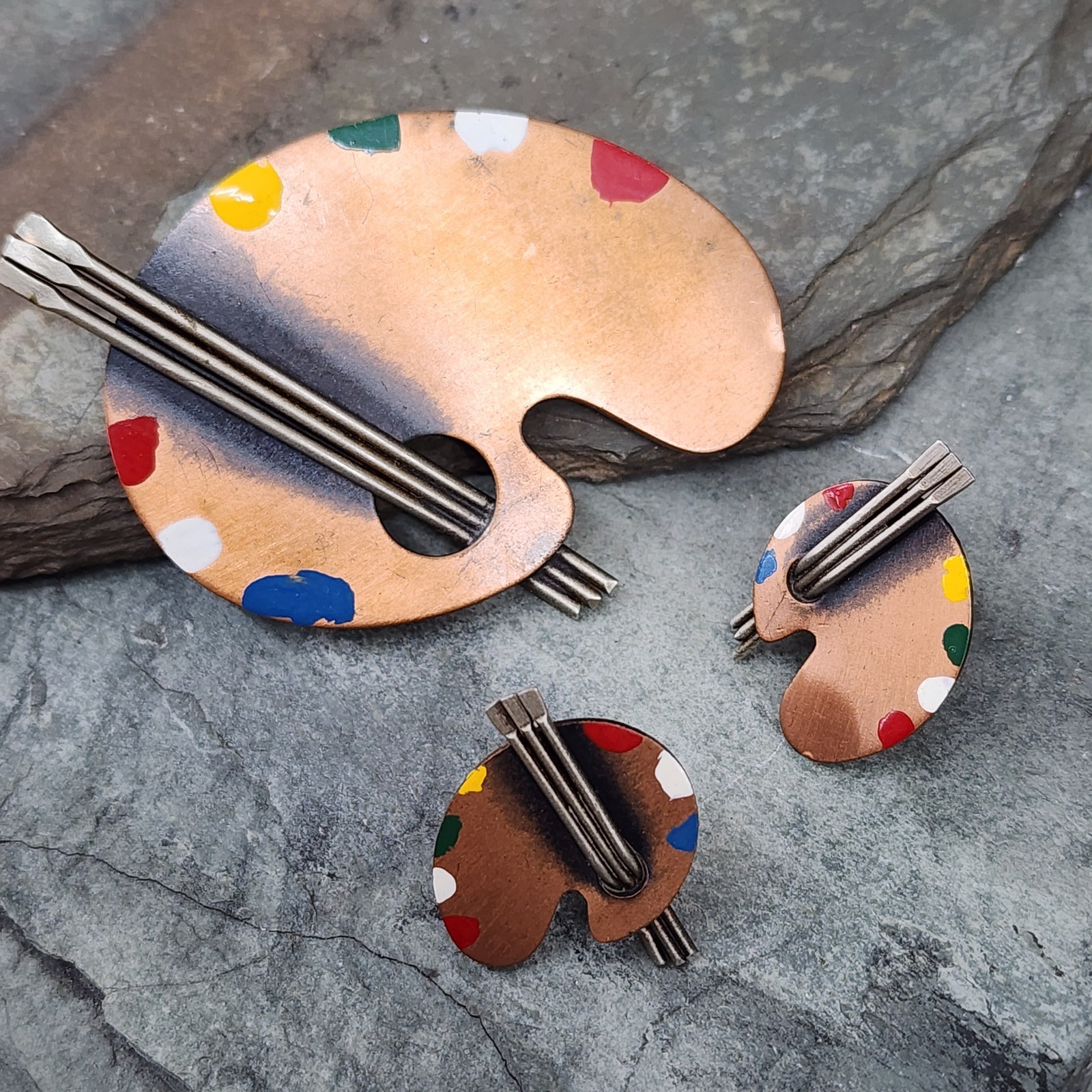 Vintage Rebajes Copper Artist's Painting Palette Enameled Brooch & Earrings Set Vintage Rebajes Copper Artist's Painting Palette Enameled Brooch & Earrings Set