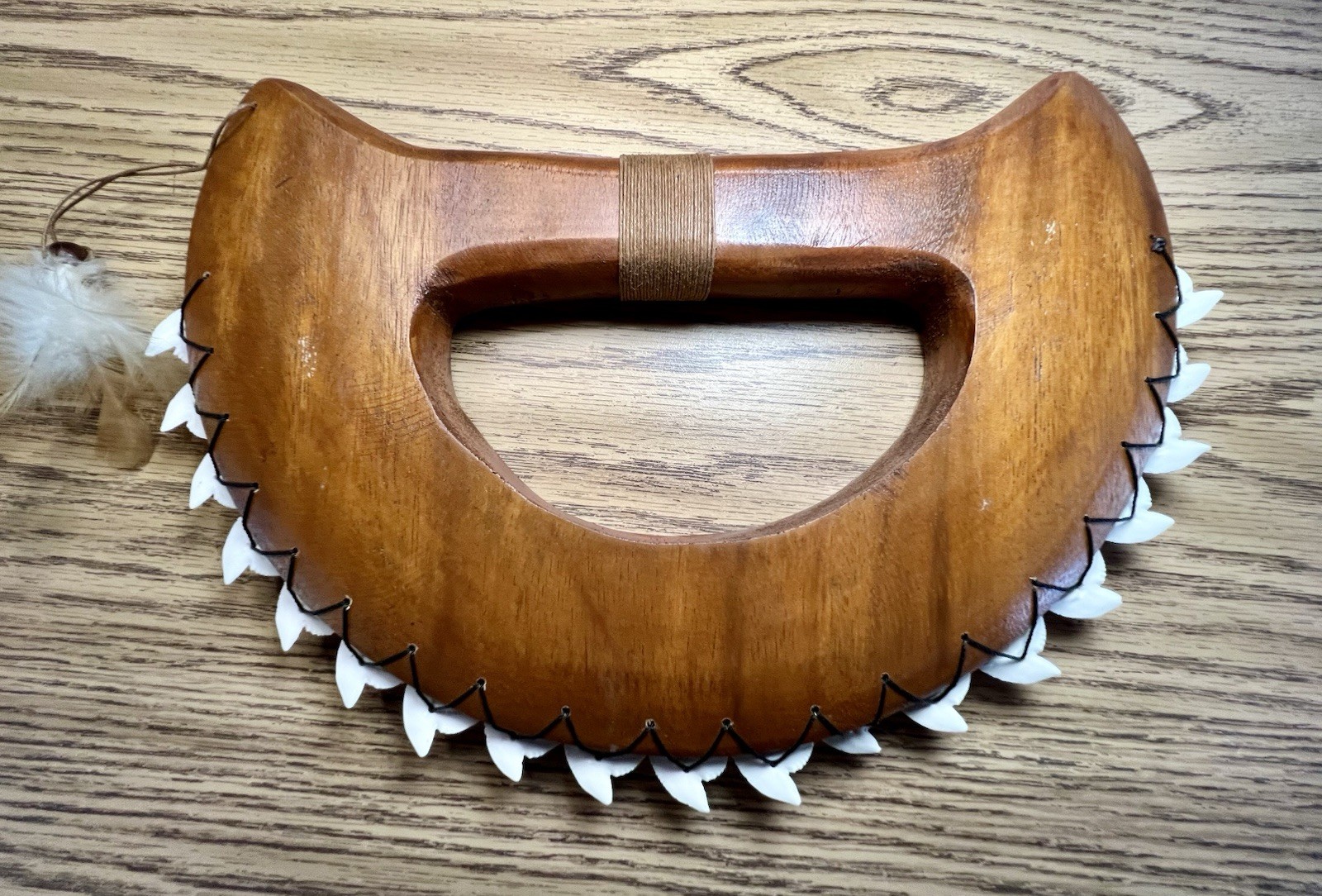 Hawaiian Tribal Acacia Wood Knuck Duster Weapon Display with Shark Teeth 12”