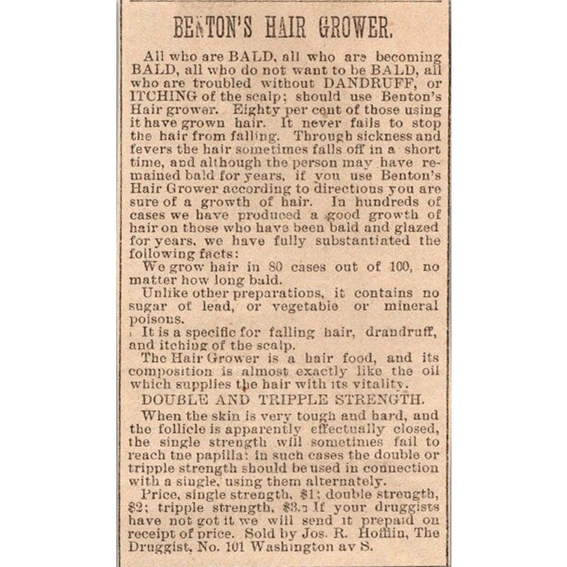 Benton\'s Hair Grower Sold By Jos R Hofflin 1886 Minneapolis Clipping SAI7-M20