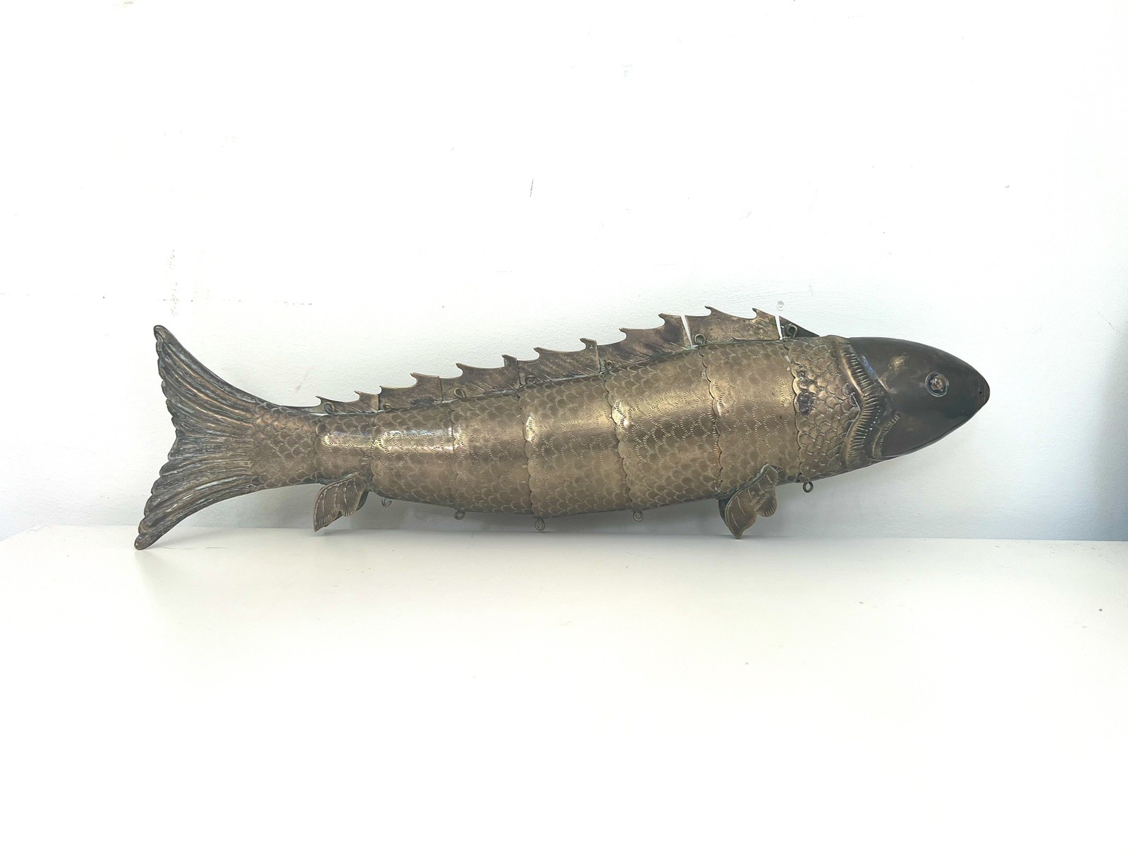 Vintage Large Metal Brass Copper Articulated Fish - 15 Inches Long