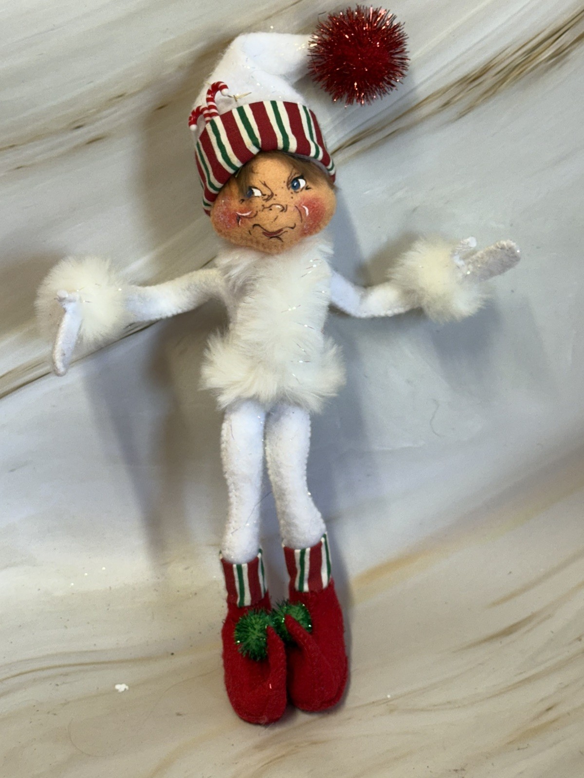 Annalee 2005 White Suit Green Red Striped Elf Pixie Doll Christmas Holiday 11” 