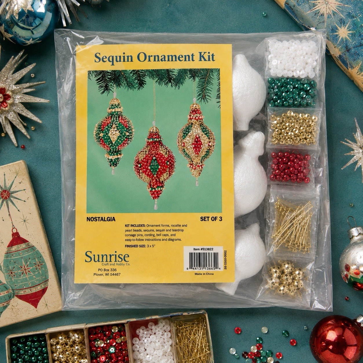 Vintage Sunrise Sequin Push Pin Ornament Craft Kit Nostalgia Christmas Beaded