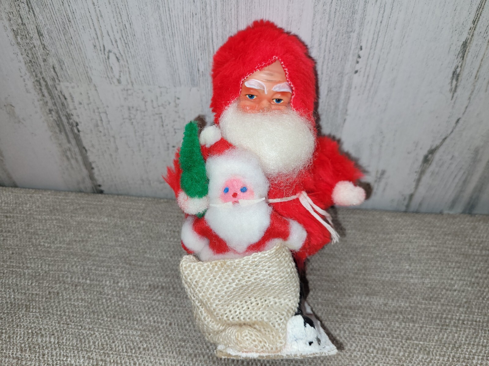 Vintage Plastic Face Santa Claus 1950\'s German Plush Figurine Felt Tree Toy Sack
