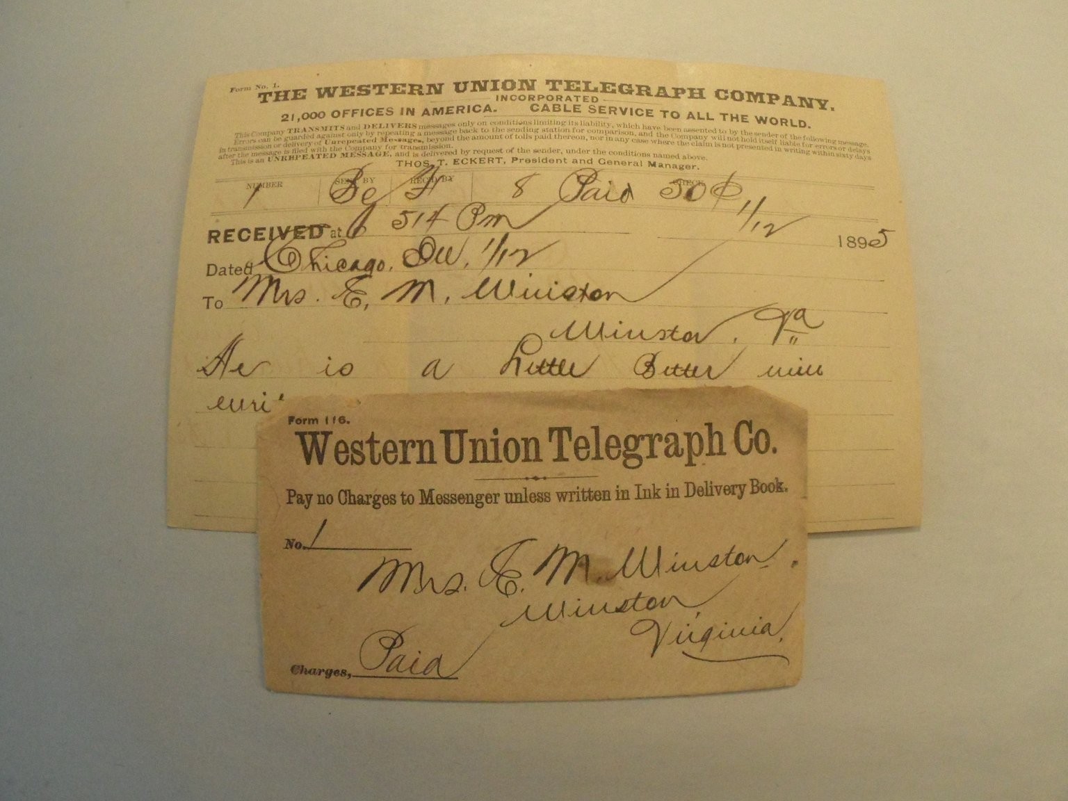 1895 Western Union Telegram Chicago to Virginia Vintage Ephemera Paper Item