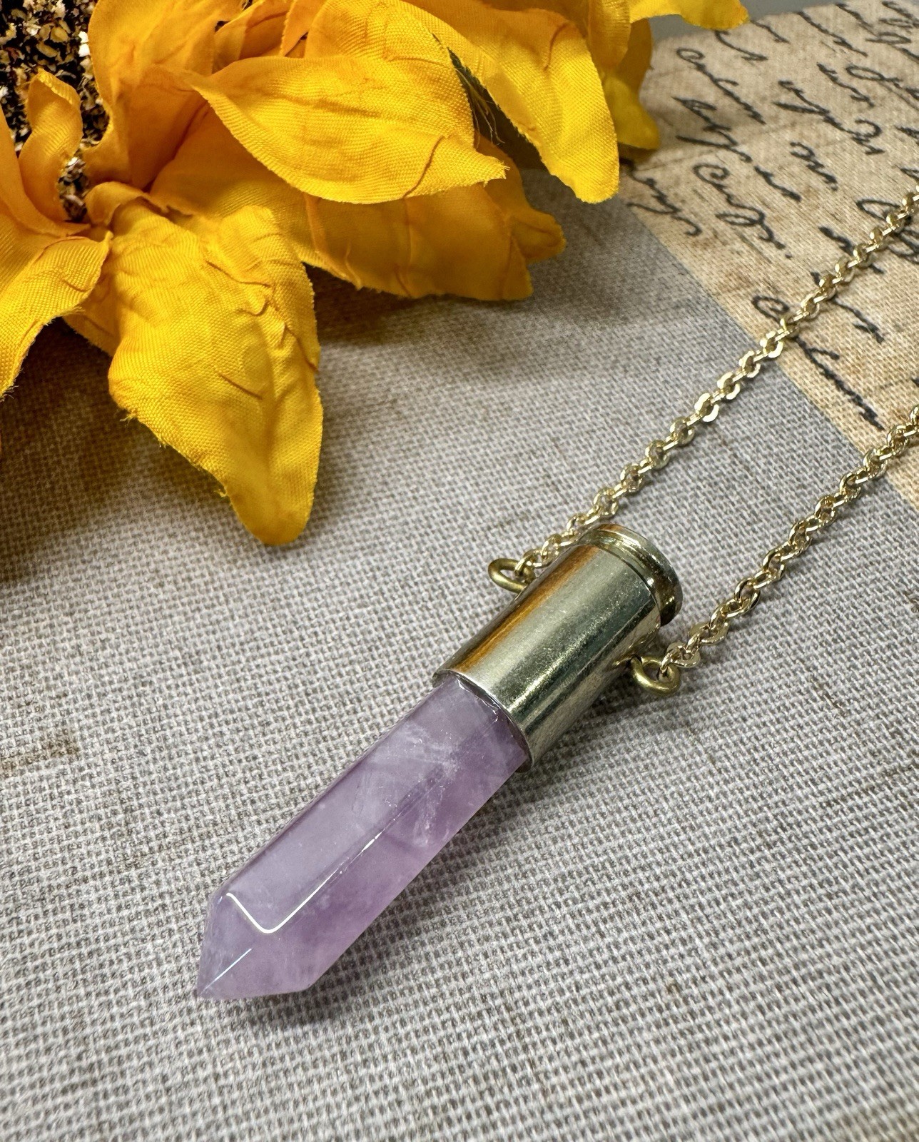 New Natural Purple Amethyst Crystal Point Bullet Style Necklace w/Goldtone Chain