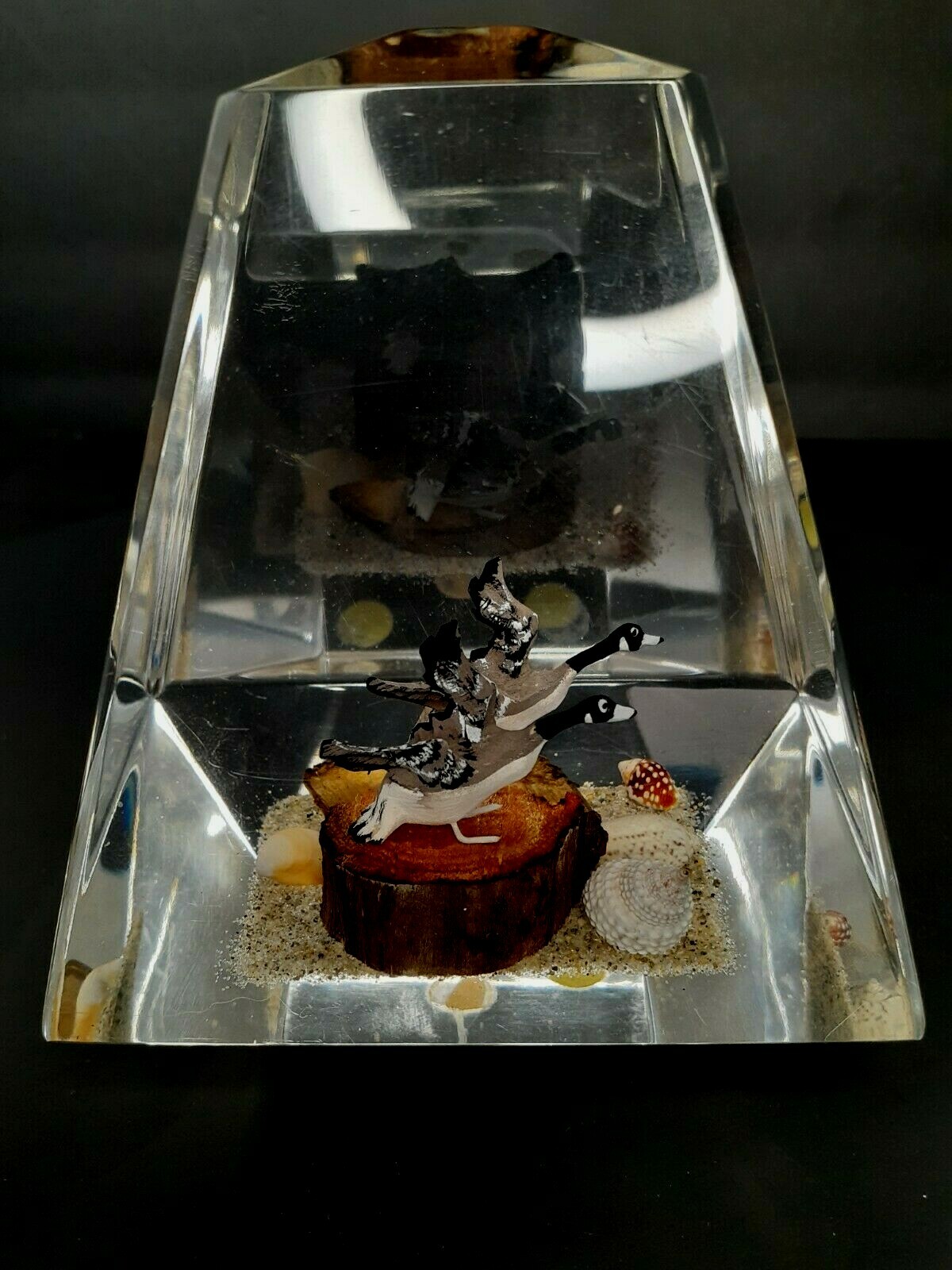 Lucite Acrylic Canada Geese Paperweight 5-1/4” Encased Pyramid Souvenir Canada