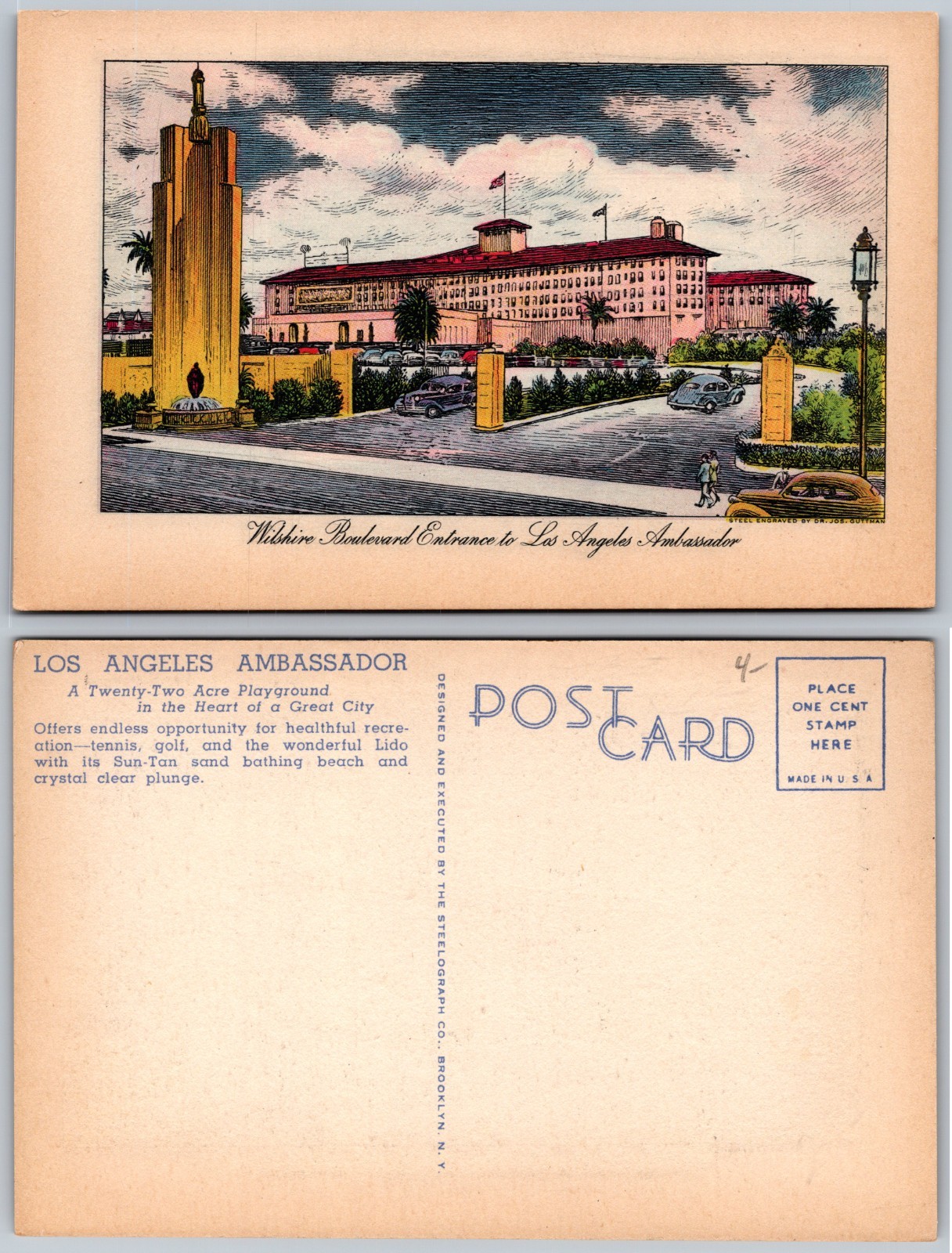 Wilshire Boulevard Entrance Los Angeles Ambassador Postcard