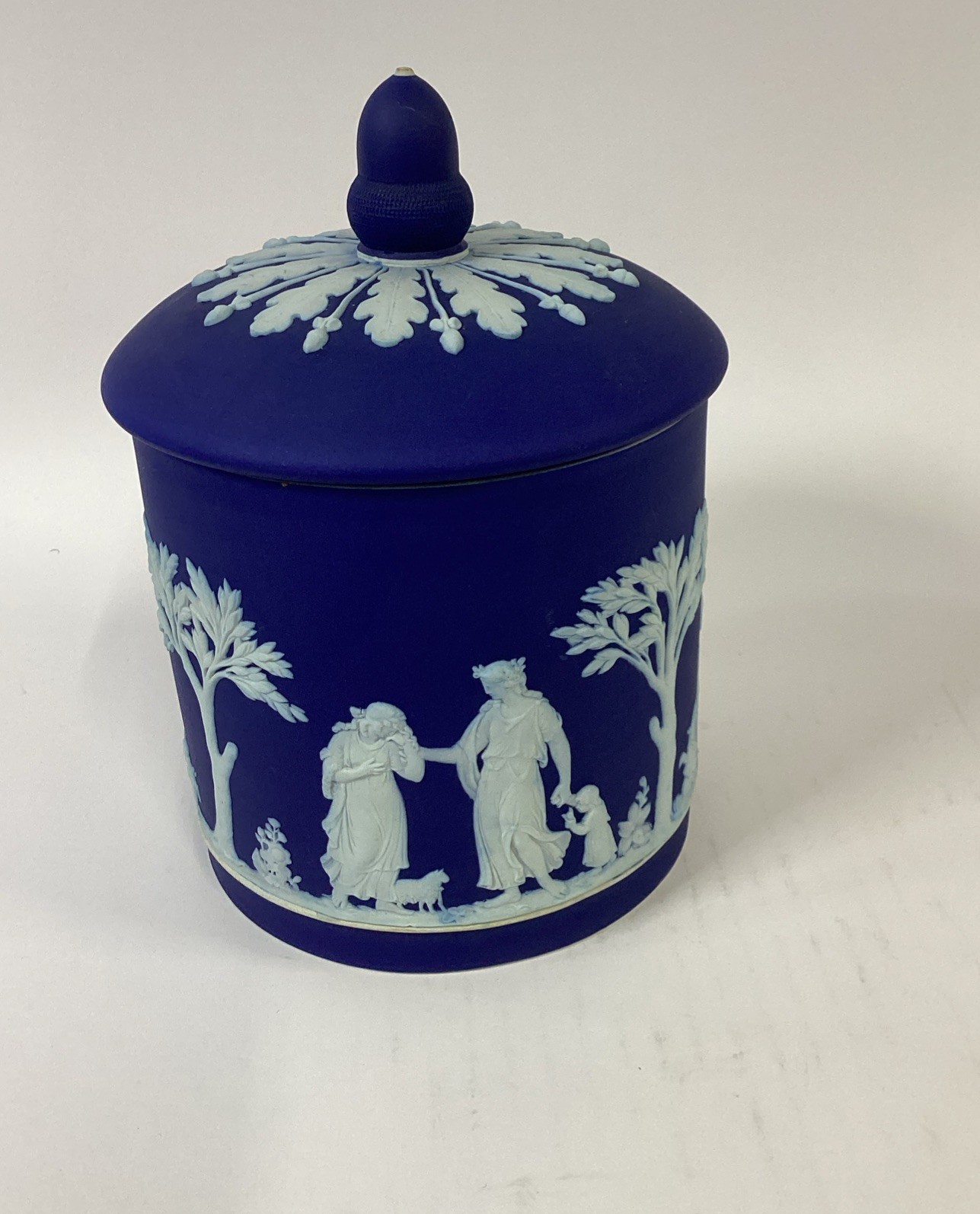 Vintage Blue Wedgwood Jasperware England Tobacco Jar Canister Box w/ Lid