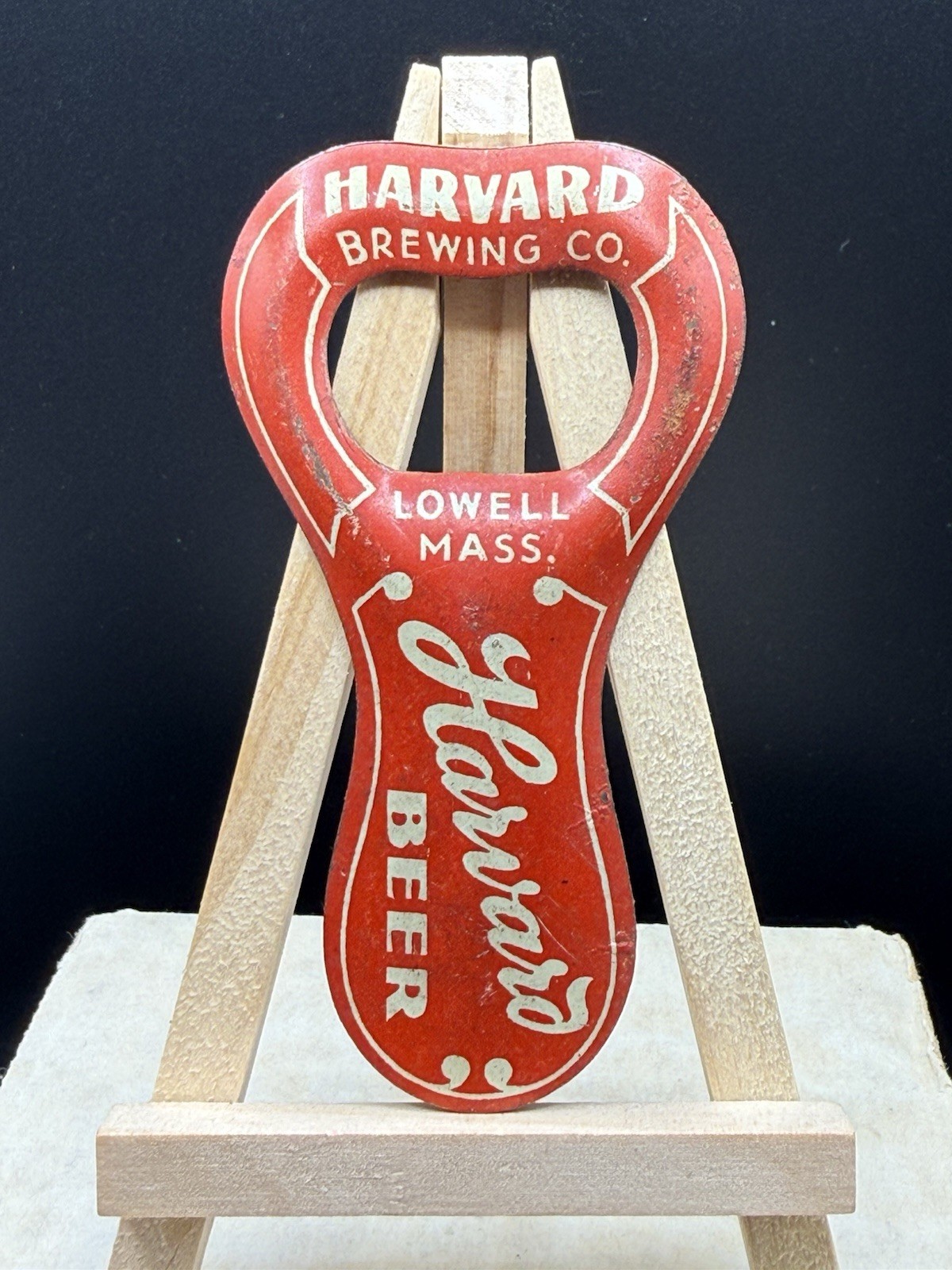 Vintage 1910 Harvard Beer Brewing Lowell MA Lithographed Tin Bottle Opener CLEAN