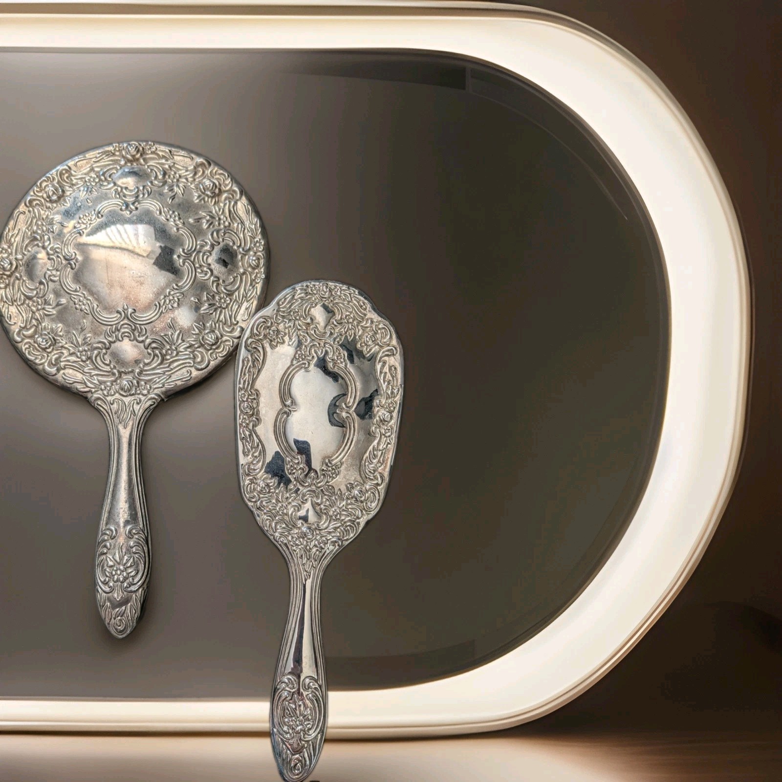 Vtg Silver Handheld Mirror and Brush Vanity Set 