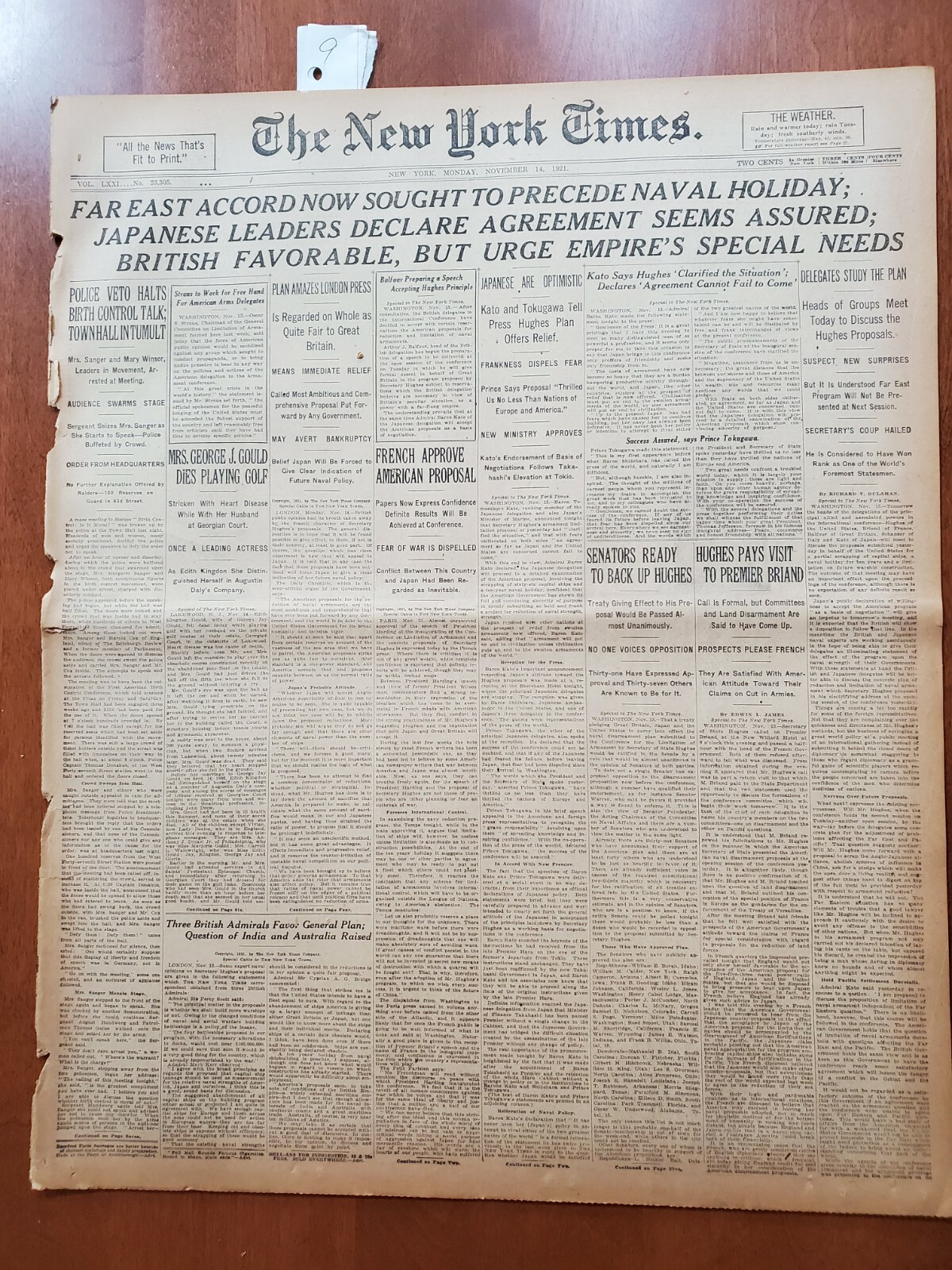 1921 NOV 14 NEW YORK TIMES - FAR EAST ACCORD TO PRECEDE NAVAL HOLIDAY - NT 8015
