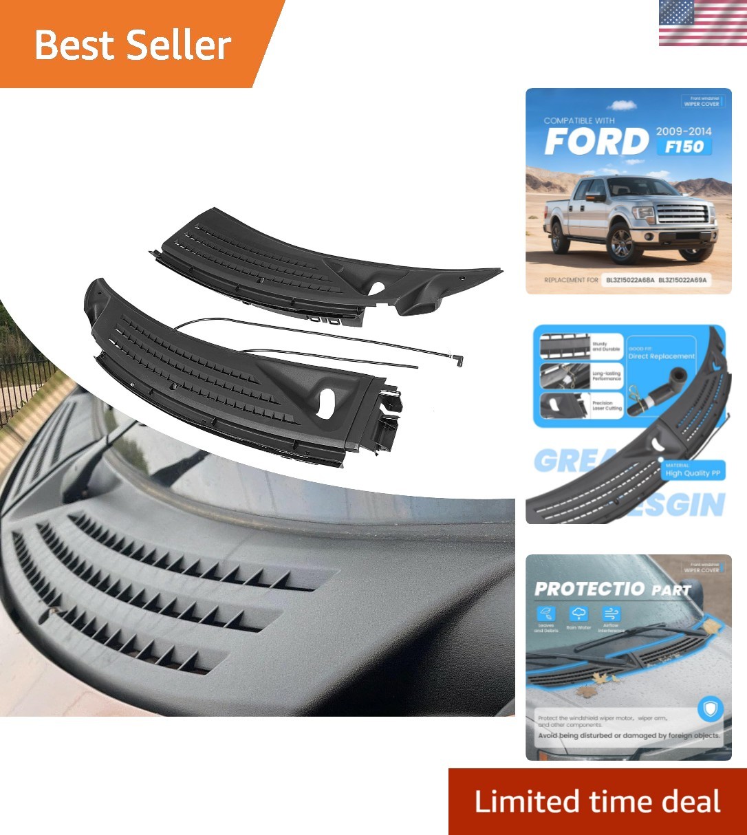 Windshield Wiper Cowl Panel Grille Vents Compatible with 09-14 F150