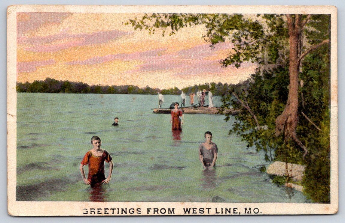 Antique Missouri Postcard WEST LINE Swimmers in Lake 1916