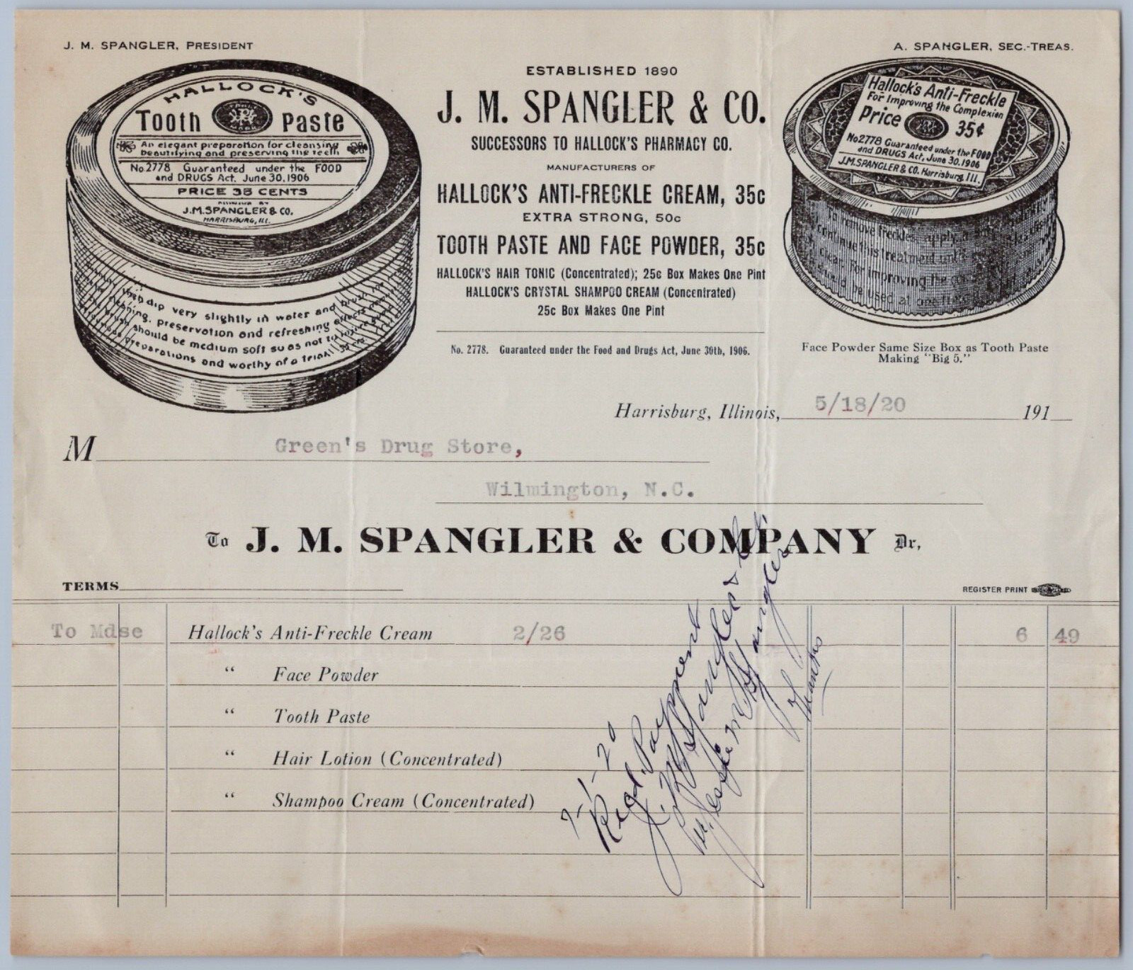 1920 J M Spangler Billhead Harrisburg Illinois Hallocks Freckle Cream Toothpaste