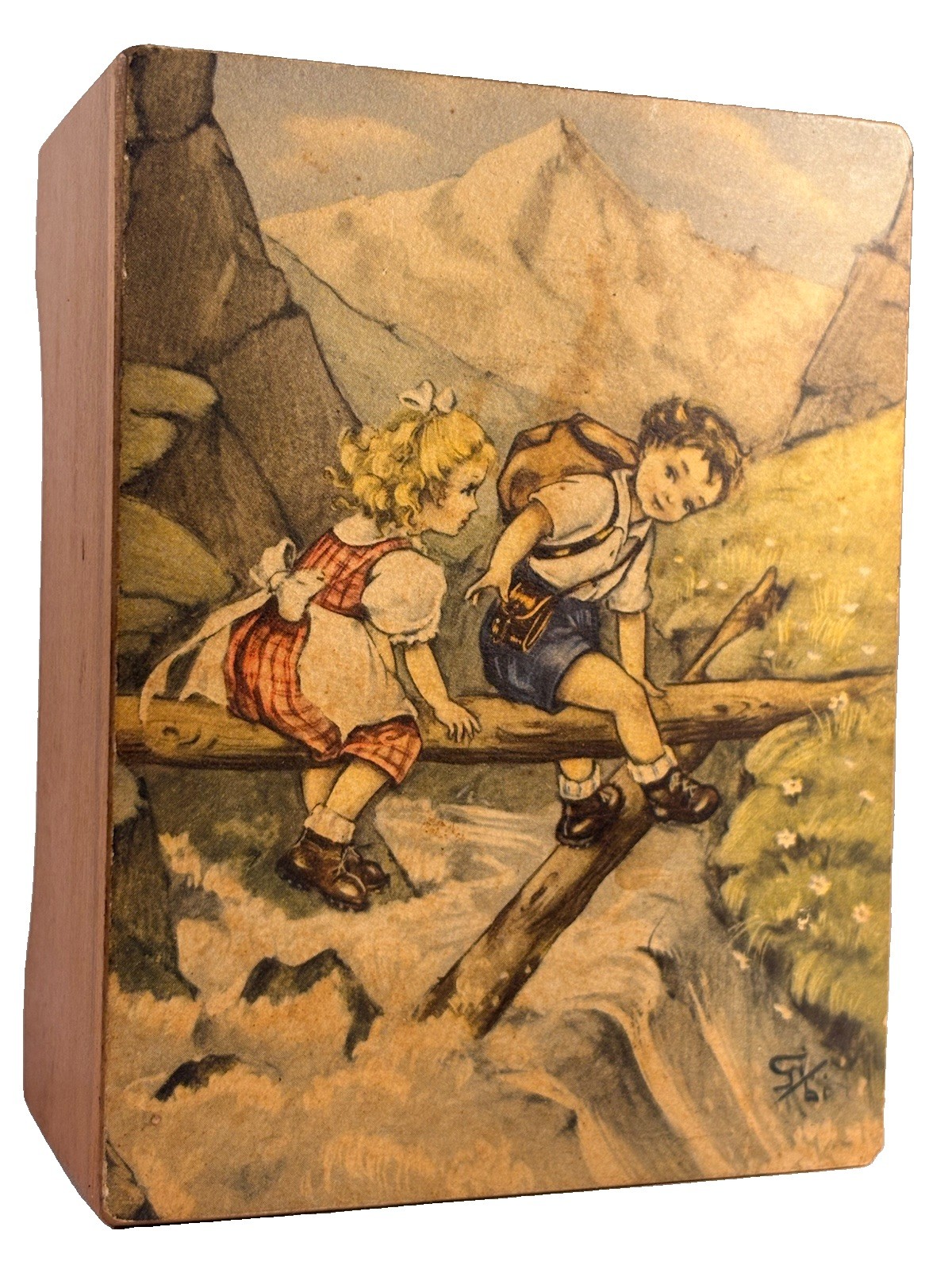 VTG WORKING SWISS MADE WOOD MUSIC BOX ALPINE CHILDREN SEESAW MOUNTAIN SCENE 5in