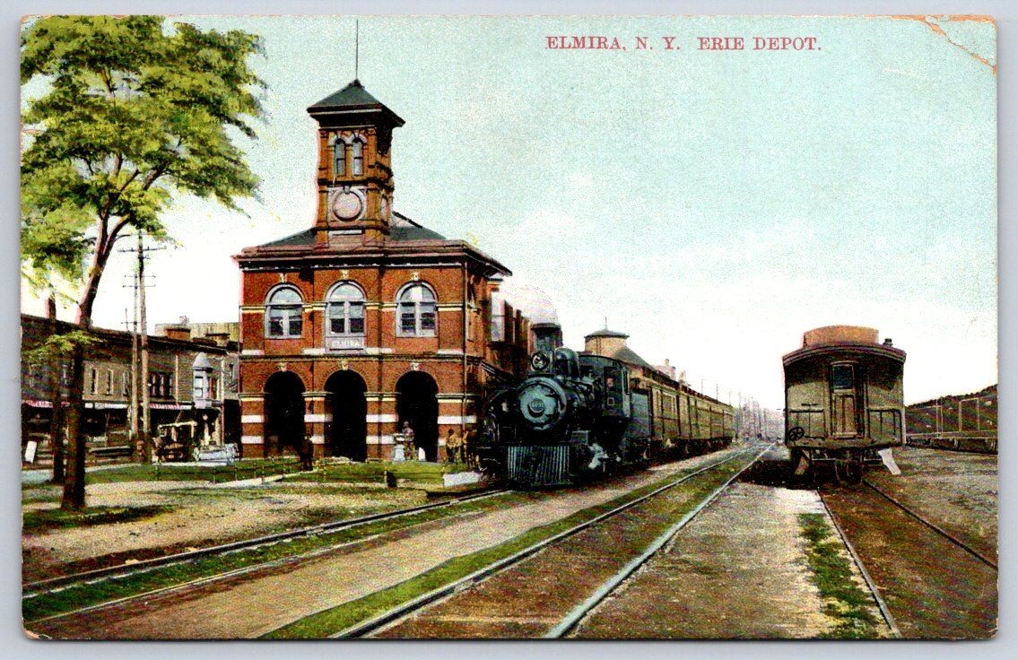Antique New York Postcard ELMIRA Erie Depot Steam Train 1910