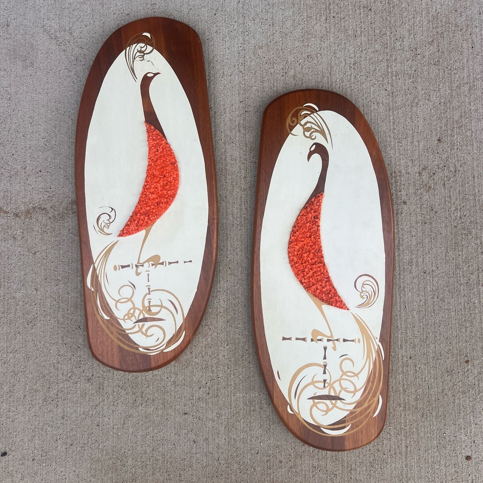 🔥 Vintage 1960s MID-CENTURY Wall Hangings Belart Pair of Peacocks On Walnut MCM